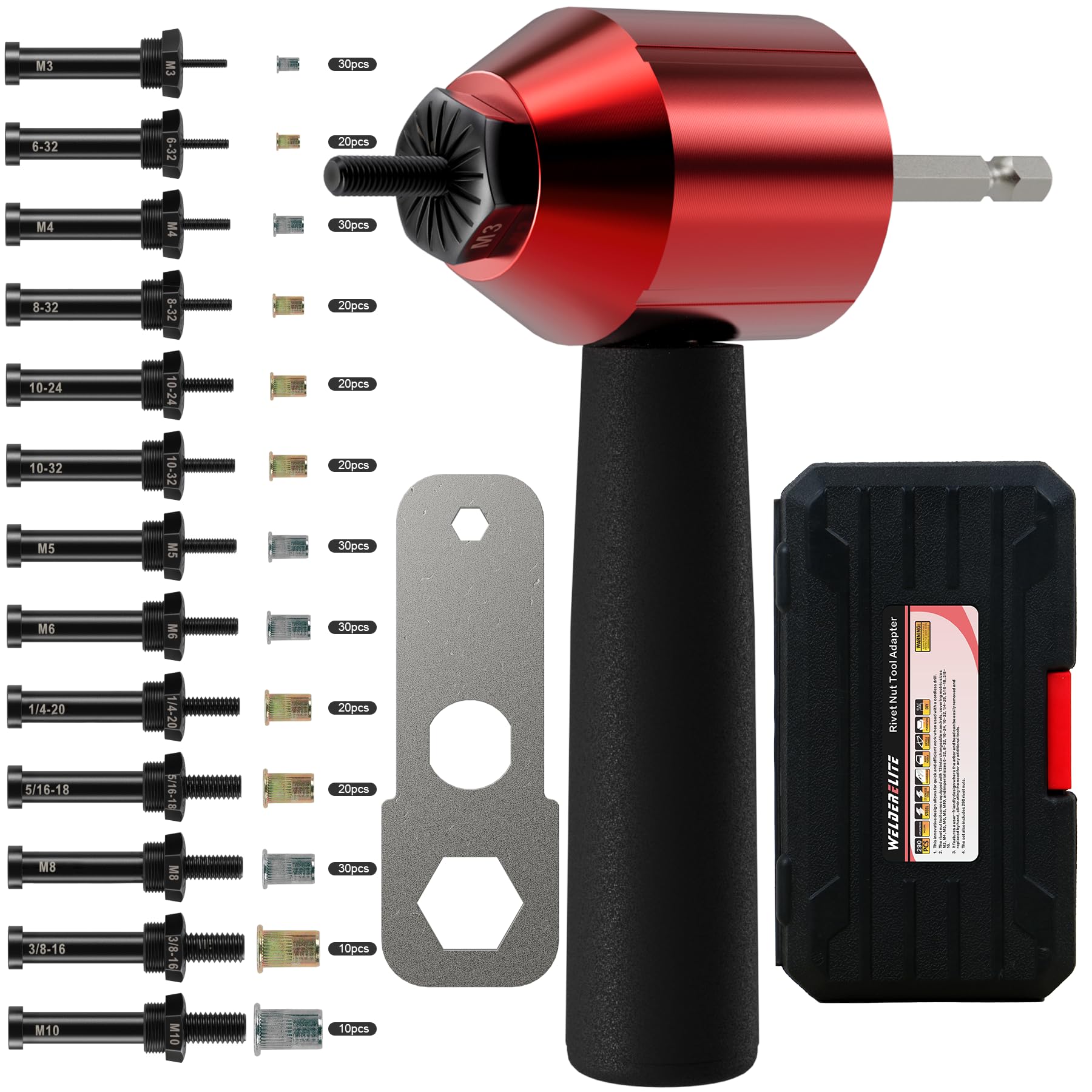 Rivet Nut Drill Adapter Tool Kit - 290 Rivet Nuts & 13 Mandrels for Metalworking, Automotive Repair, and DIY Projects