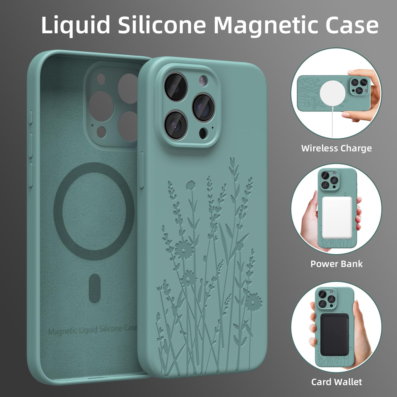 Magnetic Engraved iPhone 15 Pro Case with Magsafe Compatibility | Slim Liquid Silicone Phone Cover with All-Round Camera Protection | Elegant Midnight Green Floral Design for Women & Girls | Perfect for Everyday Use, Work & Travel Protection