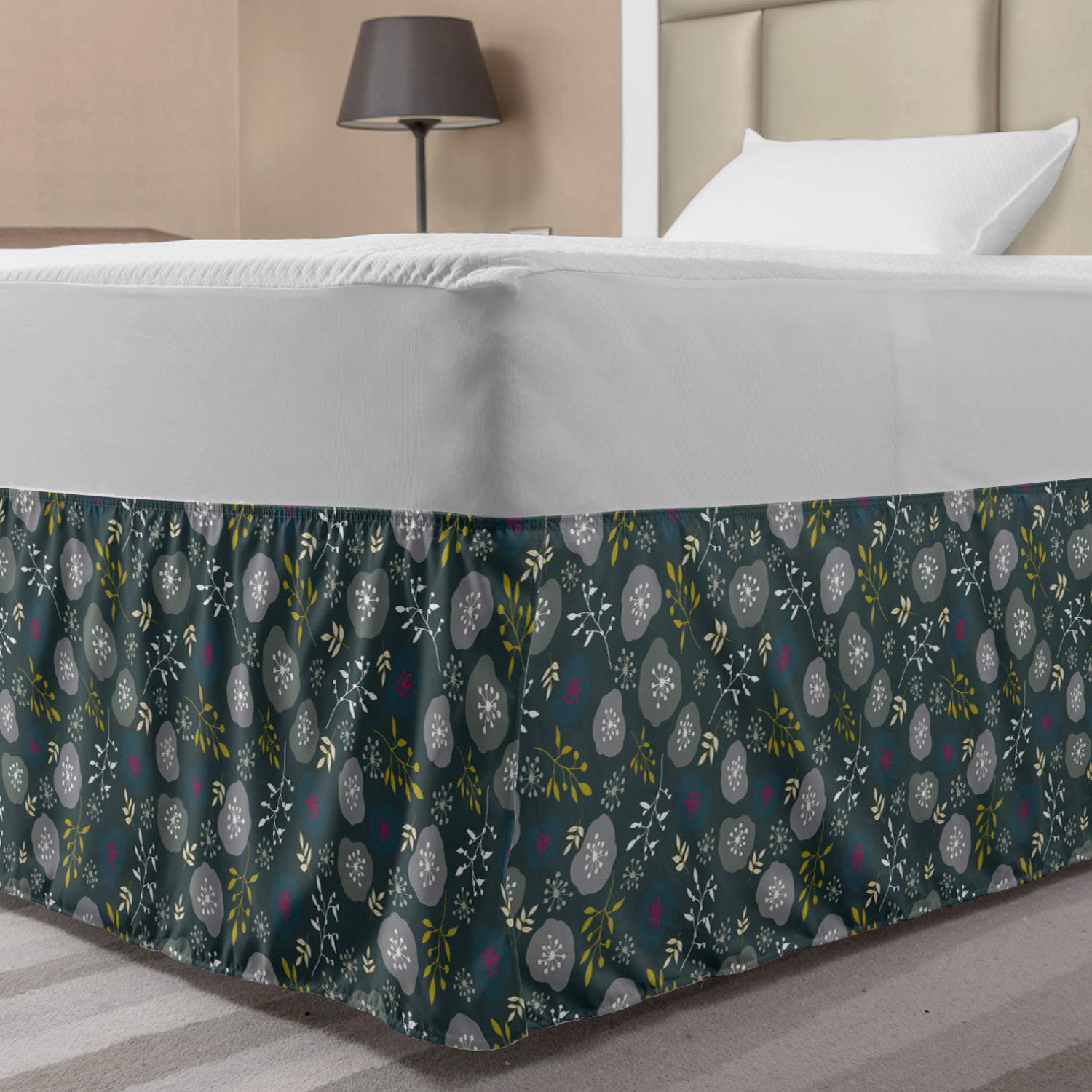 Ambesonne Elastic Bed Skirt - Botanical Forest Design with Branches & Leaves, Wrap Around Dust Ruffle for Twin/Twin XL Beds, Multicolor | Perfect for Bedroom Decor & Guest Room Styling