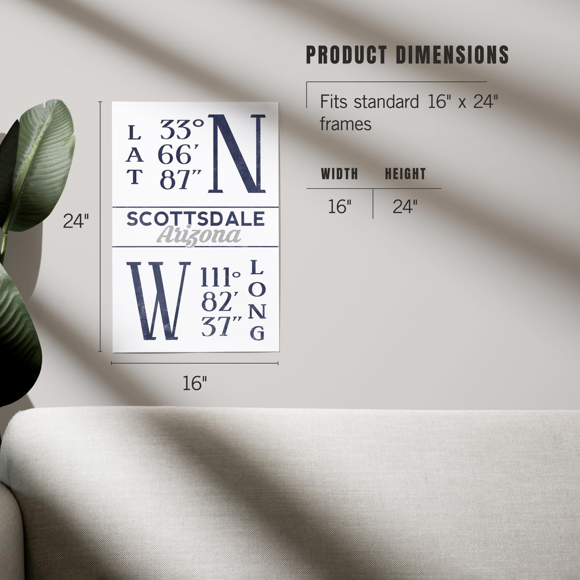 Lantern Press 16x24 Inch Giclee Art Print - Scottsdale Arizona Landscape with Latitude & Longitude Coordinates (Blue) - Perfect for Home Office Decor & Wall Art Gifts