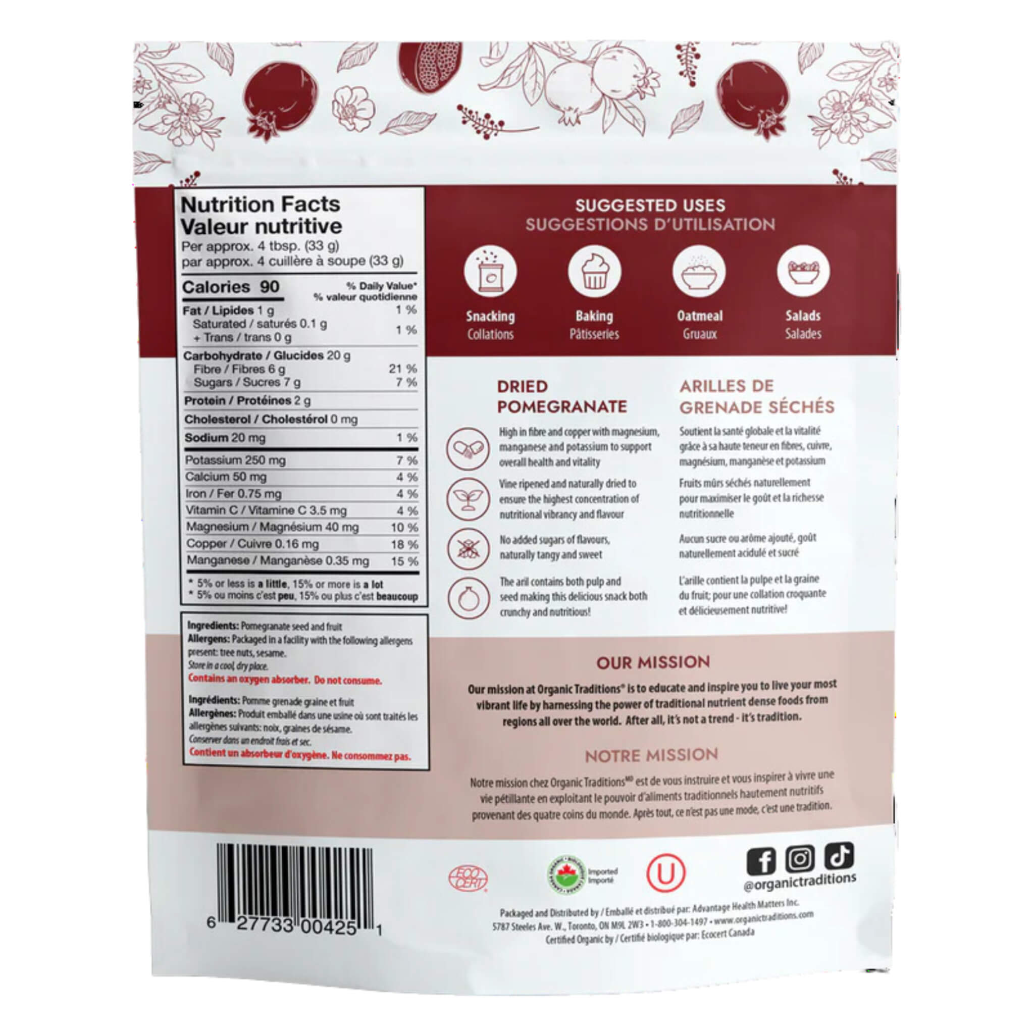 Organic Dried Pomegranate Arils - Sweet & Tart Superfood Snack for Salads, Yogurt & Baking | Non-GMO, Vegan, Gluten-Free