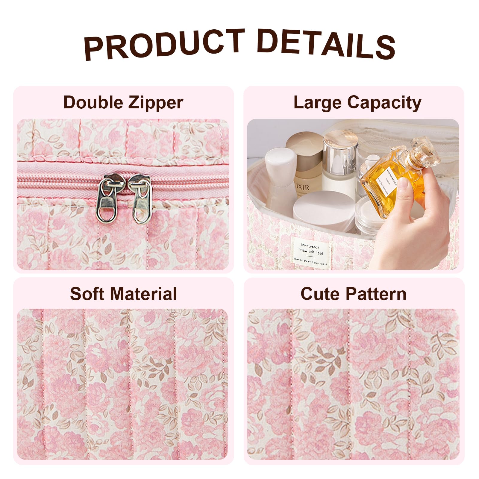 Floral Quilted Makeup Bag for Women - Large Travel Cosmetic Organizer with Aesthetic Design, Cute Toiletry Pouch for Girls | Perfect for Vacation, Gym & Daily Essentials Storage