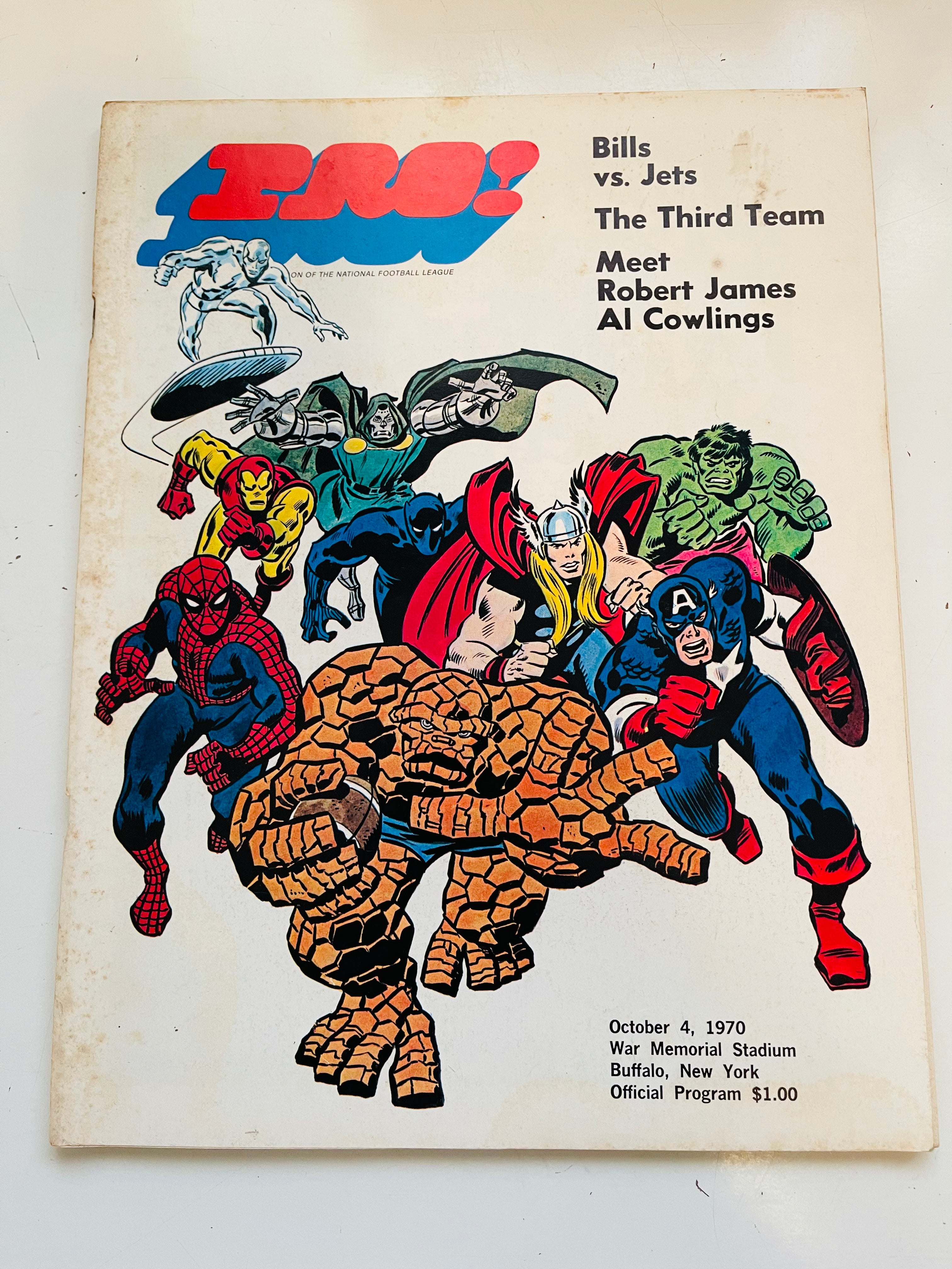 Vintage 1970 Buffalo Bills vs New York Jets Football Program Featuring Marvel Comics Characters - Perfect for NFL Memorabilia Collectors & Superhero Fans