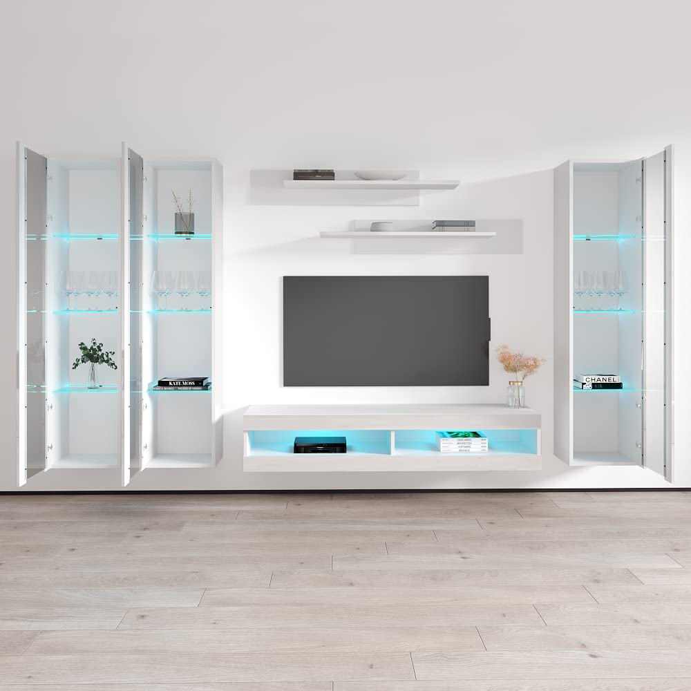 Modern Floating TV Stand with Storage & LED Lights - Wall-Mounted Entertainment Center Console for Bedroom & Living Room - White Meble Furniture Fly CD2 34TV Stand - Perfect for Small Spaces & Home Theater Setup