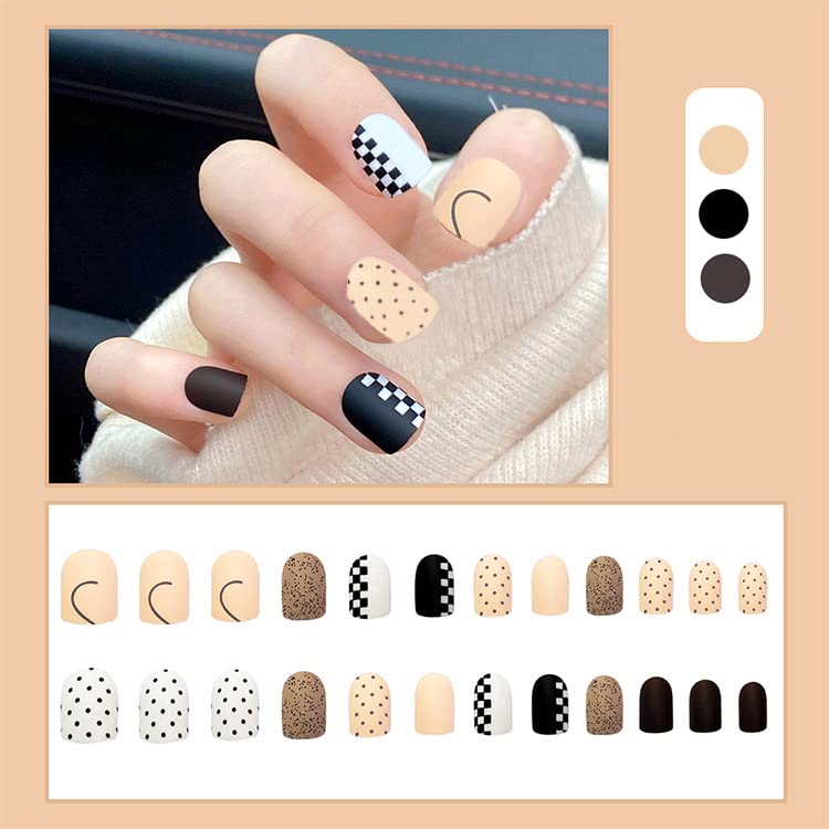 Secret Lives® Acrylic Press On Nails - Matte Peach, Brown, Black & White with Polka Dots - 24 Piece Set with Glue & Sheet | Artificial Nail Extensions for Parties, Weddings & Everyday Wear