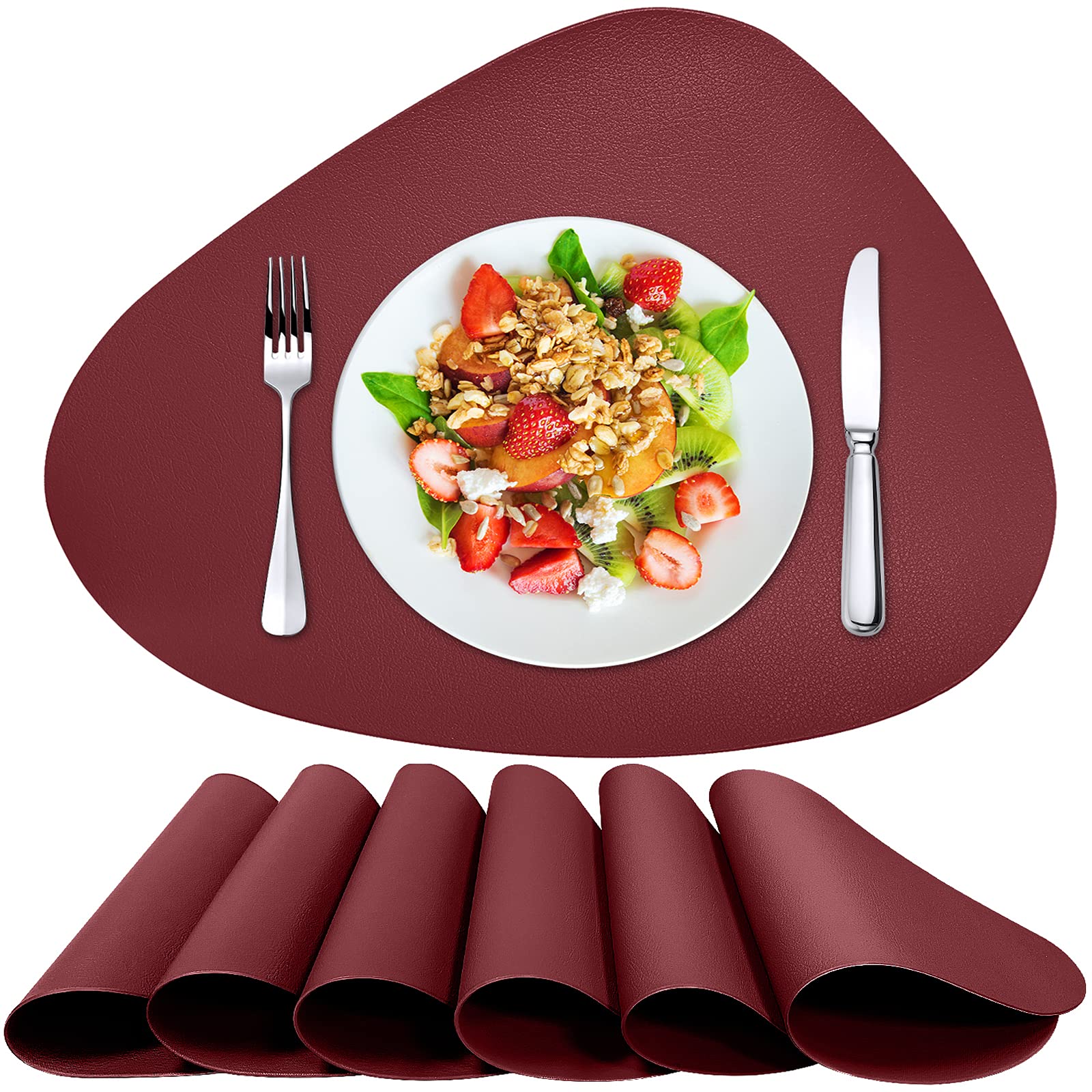 Herda Round Faux Leather Placemats Set of 6 - Wipeable, Washable & Heat Resistant for Kitchen, Dining Table, Patio - Indoor & Outdoor Use - Easy Clean Retro Burgundy Red Placemats for Everyday Meals & Entertaining