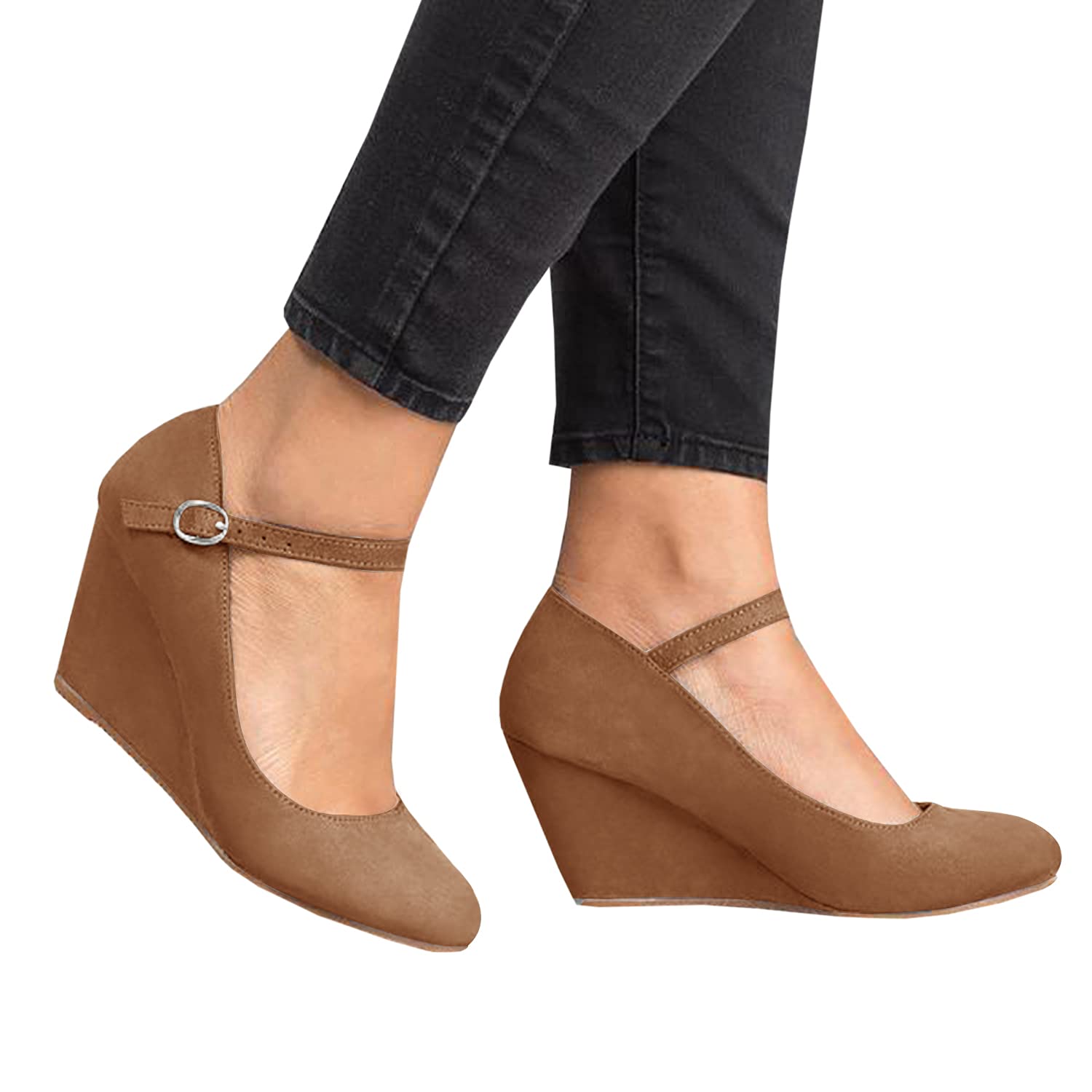 Coutgo Women's Comfortable Wedge Heels - Closed Toe Mary Jane Pumps with Ankle Strap for Office, Wedding & Dress Occasions | Stylish Work Shoes & Formal Wear Accessories