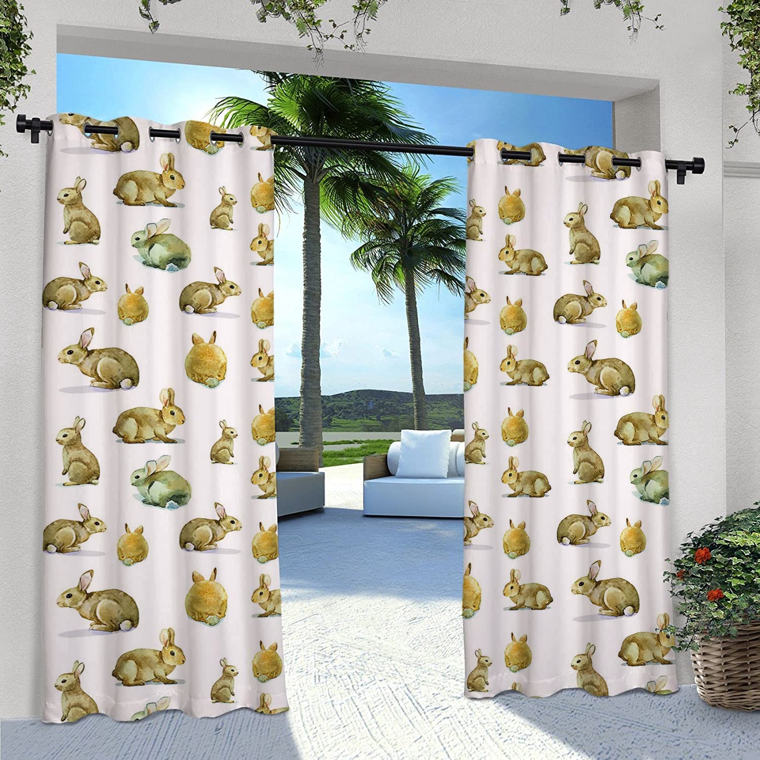 Waterproof Outdoor Patio Curtains - Cute Bunny Rabbit Pattern Easter Decor, Fluffy Pet Design Windproof Blackout Curtains for Living Room, Bedroom, Nursery (Pale Brown & Yellow) - Perfect for Spring Decor, Easter Party, Cozy Home & Garden Decorations