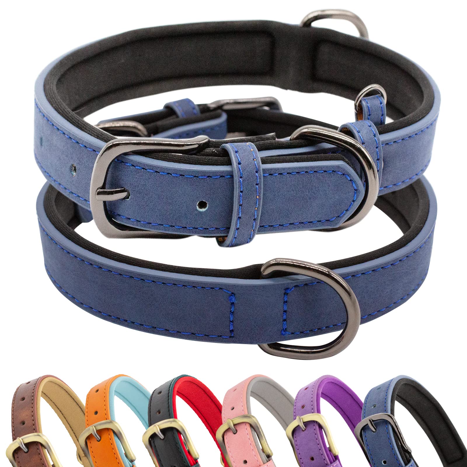 Premium Soft Padded Leather Dog Collar - Adjustable Breathable Waterproof Pet Collar with Metal Buckle for Small Medium Large Dogs (X-Large, Dark Blue/Black) - Perfect for Daily Walks, Training & Outdoor Adventures