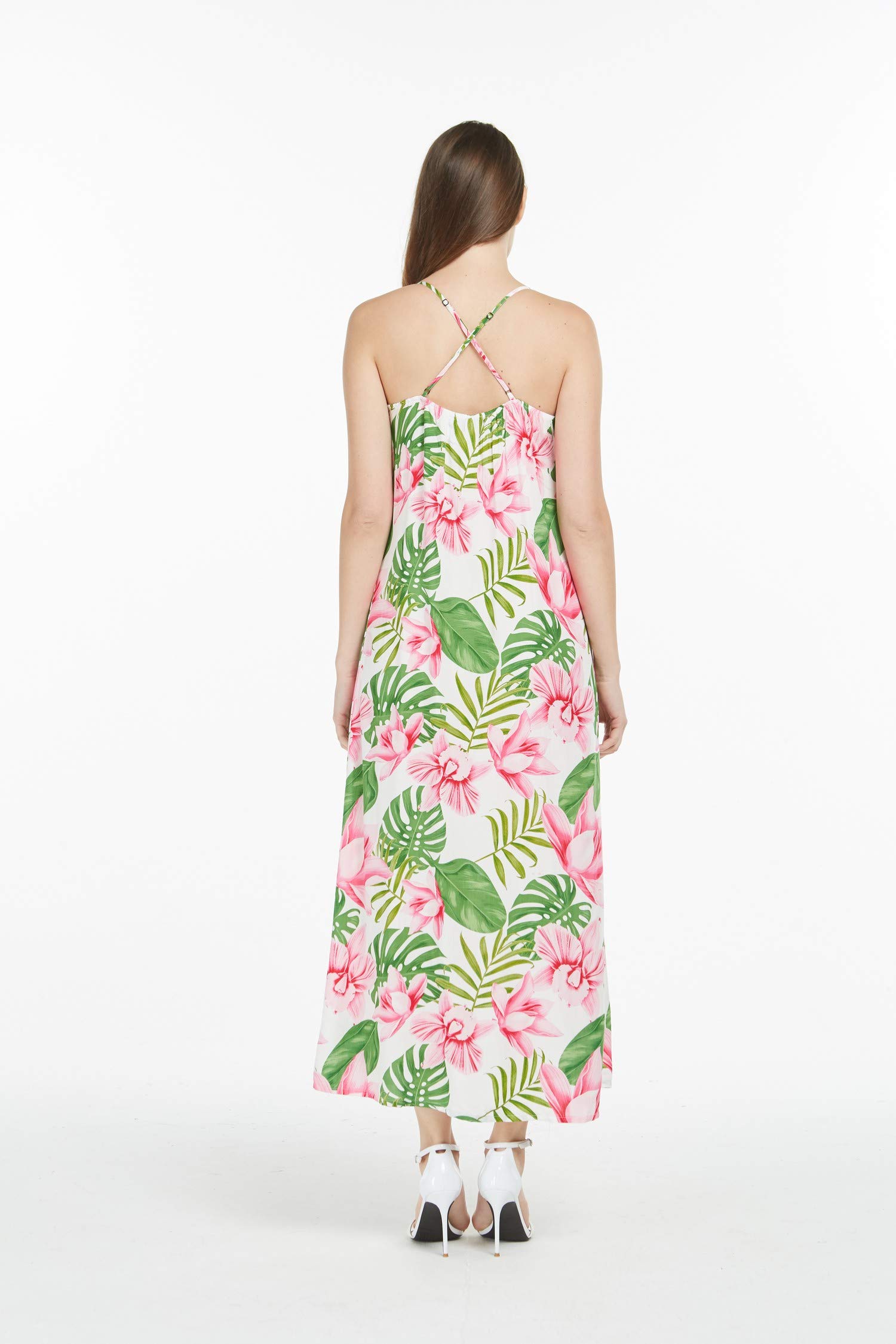 Hawaiian Couple Matching Aloha Shirt & Maxi Tank Dress Set - Pink Hibiscus Vine Print Tropical Beachwear for Luau Party, Vacation & Summer Date Night