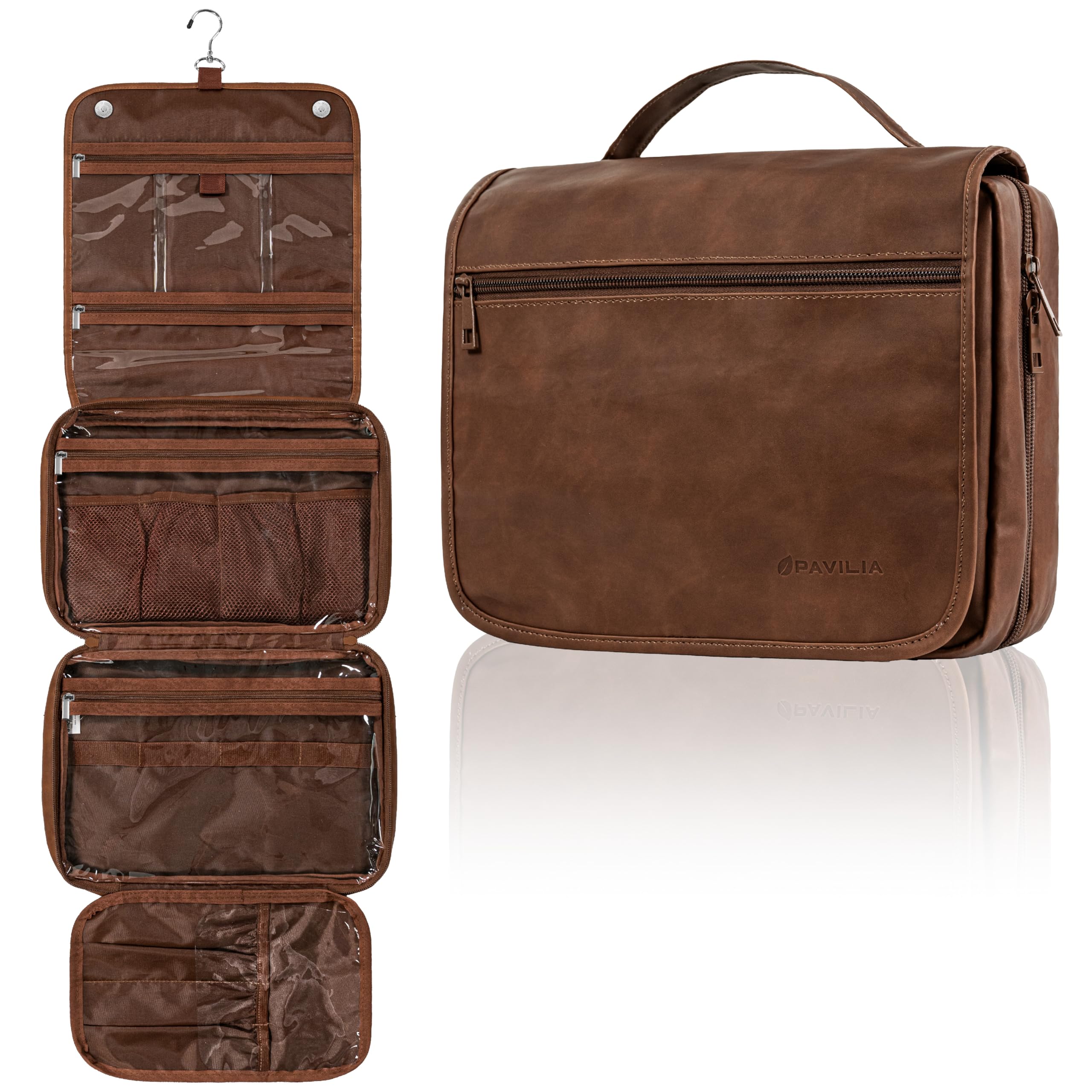 PAVILIA Hanging Toiletry Bag for Women & Men - Foldable Waterproof Cosmetic Organizer Travel Bag - Large Makeup & Toiletries Essentials Kit (Dark Brown) - Perfect for Camping, Gym, Business Trips & Vacation