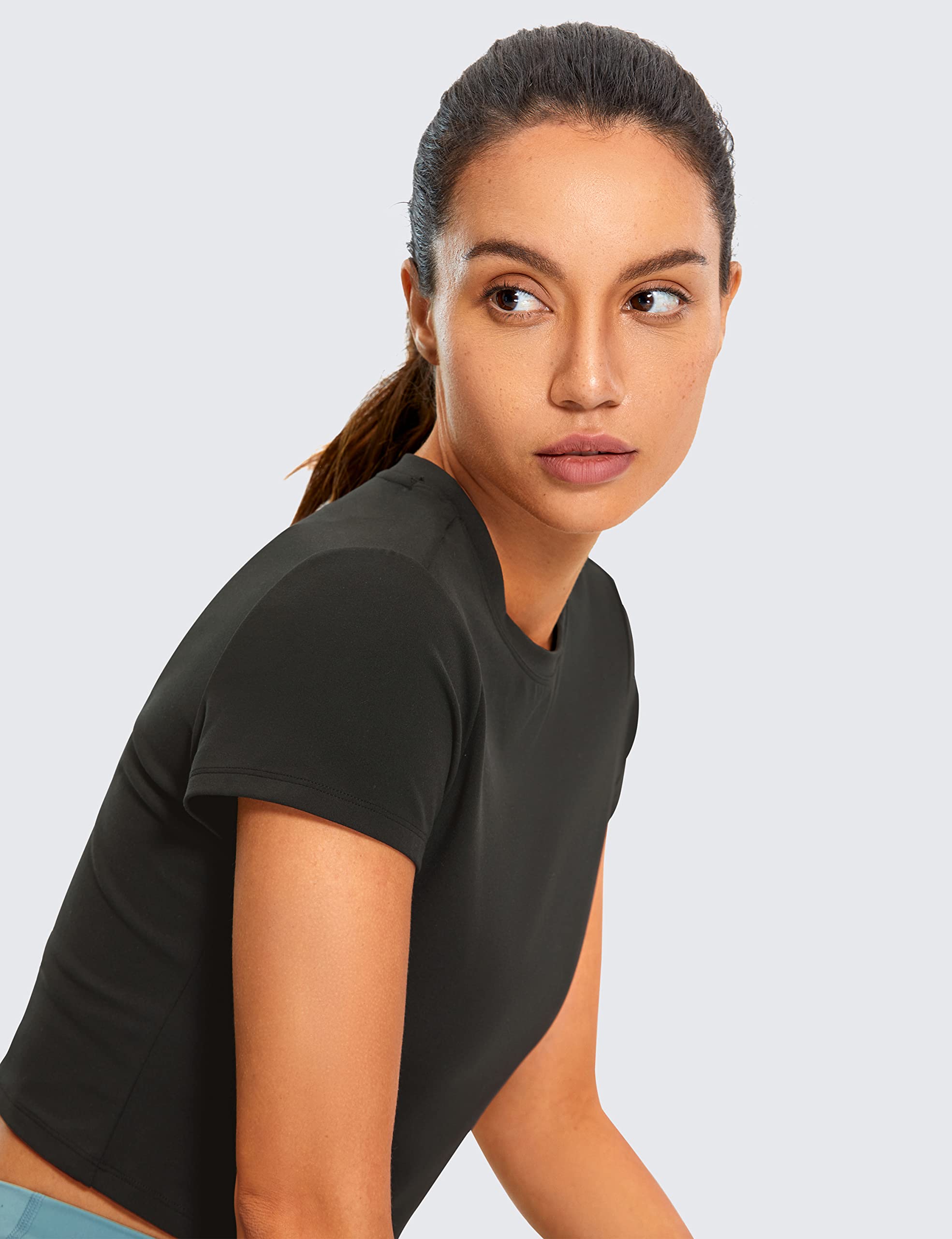 CRZ YOGA Women's High Neck Crop T-Shirt - Butterluxe Short Sleeve Workout Top for Yoga, Gym & Running | Fitted Athletic Shirt for Women | Perfect for Fitness, Lounge & Everyday Wear