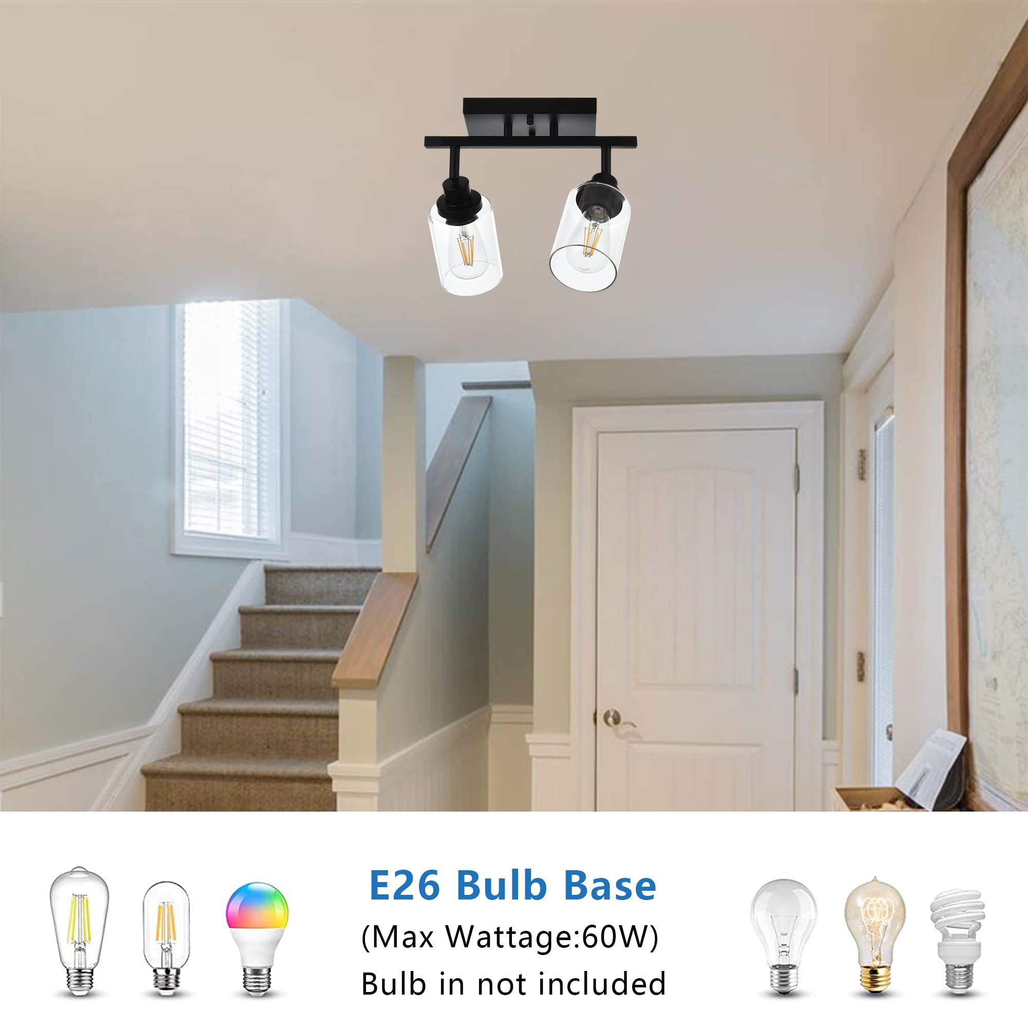 MELUCEE 13.8 Inch Black 2-Light Wall Sconce Spotlight - Semi Flush Mount Ceiling Light with Rotatable Track & Clear Glass Shade - Perfect for Bathroom, Hallway, Porch, Foyer & Storage Areas Lighting