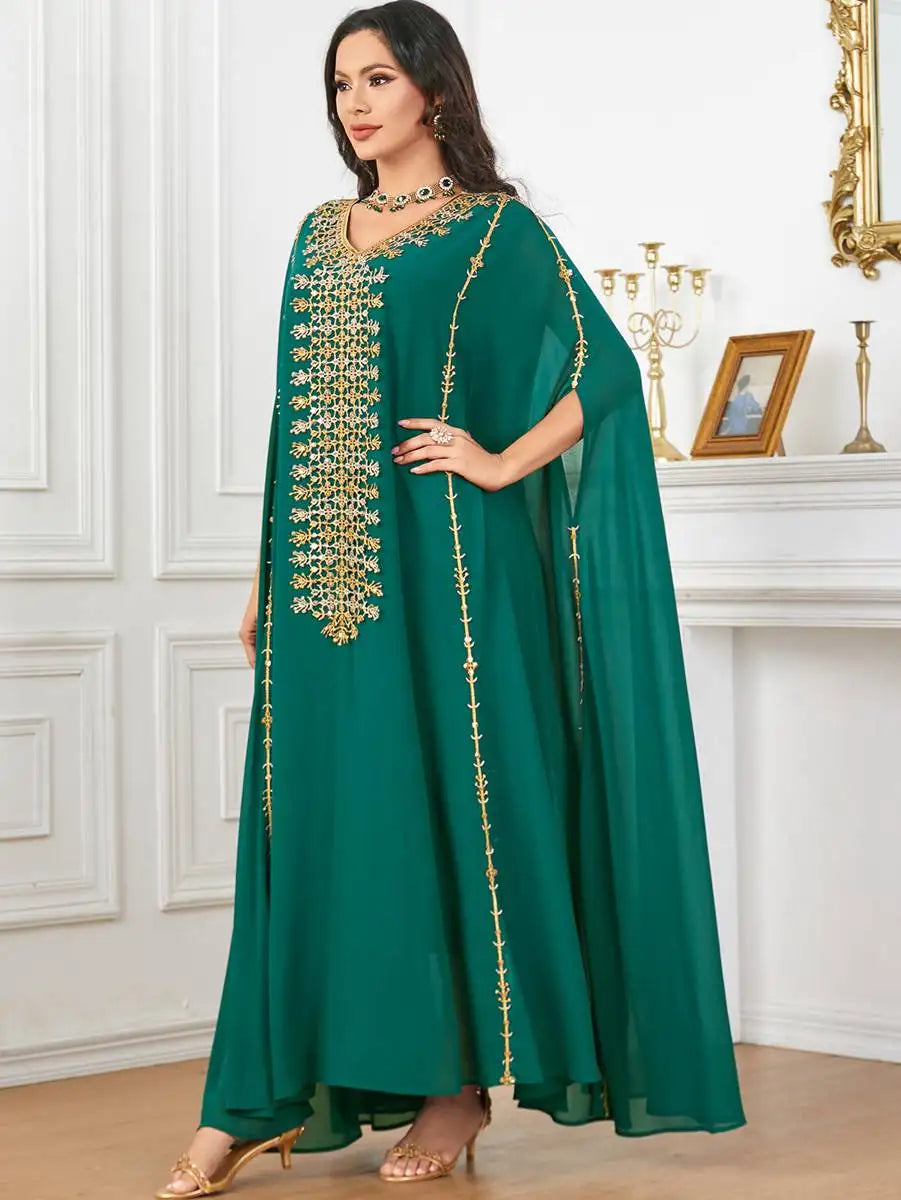 Elegant Eid Caftan Dress for Muslim Women - Flowy Chiffon Embroidery Maxi Dress - Perfect for Eid Celebrations, Weddings & Special Occasions