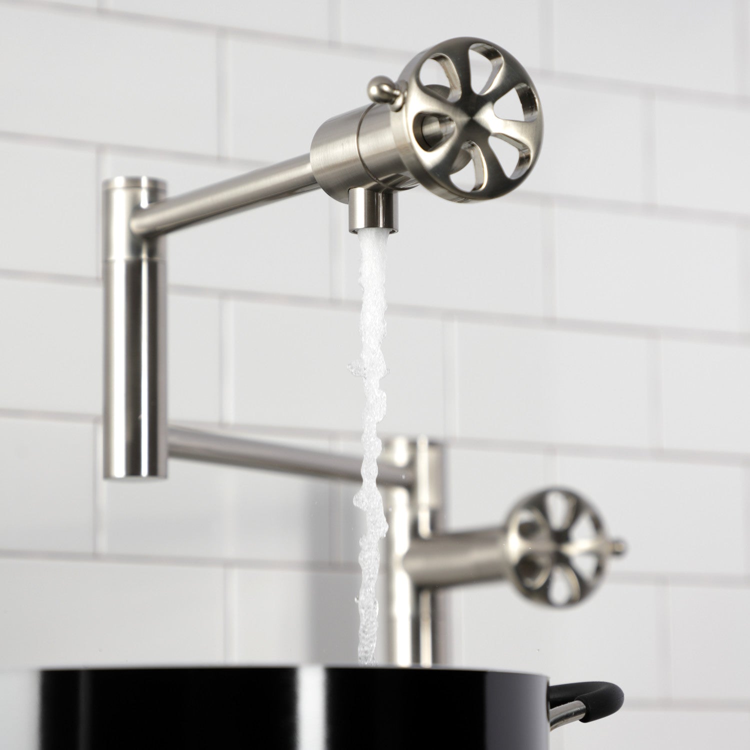 Belknap KS4708RX Brushed Nickel Two Handle Deck Mount Pot Filler Faucet - Perfect for Kitchen Sink, Stove & Cooking Area
