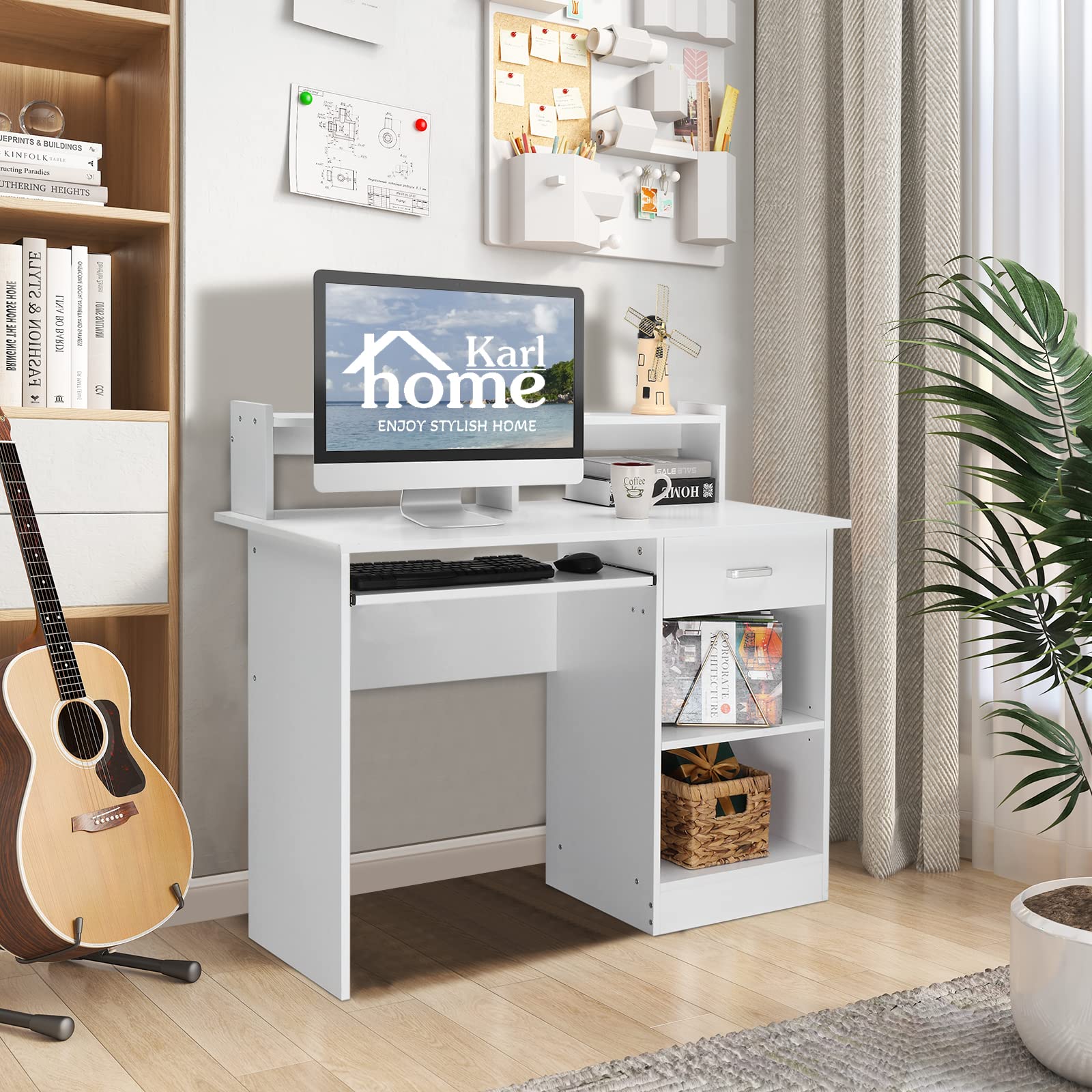 Karl Home Computer Desk - Wooden Study Writing Desk with Drawer & Keyboard Tray, White - Perfect for Home Office, Gaming Setup, Remote Work & Small Spaces