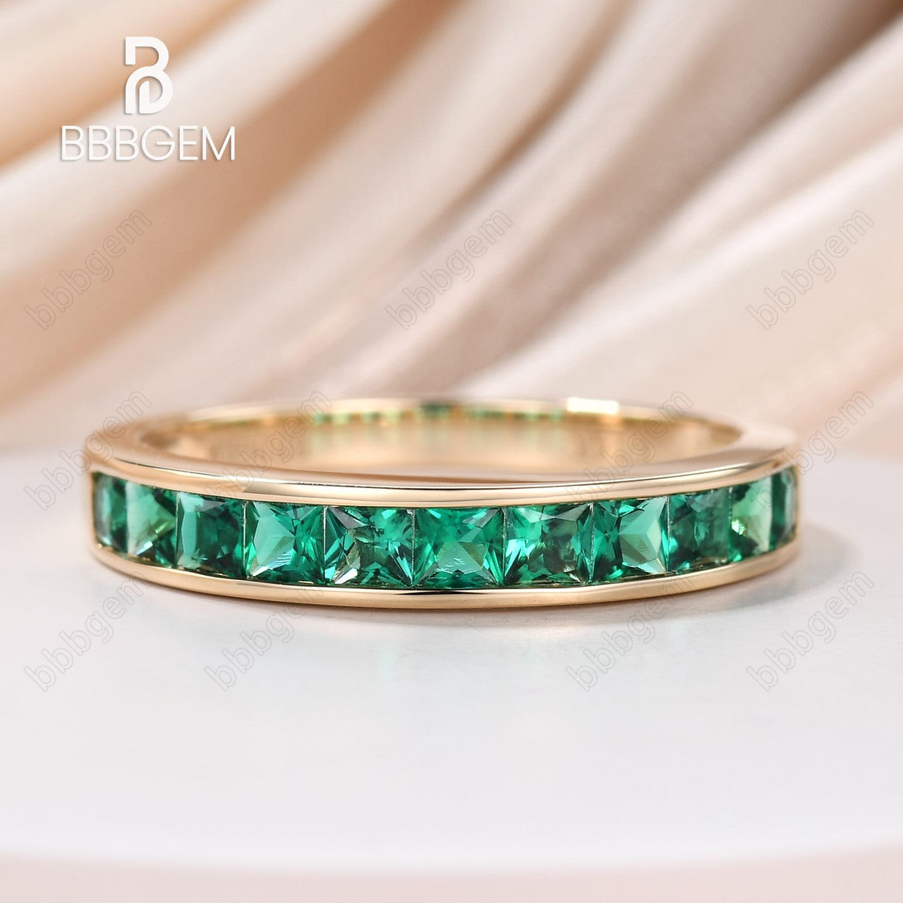 14K Yellow Gold Princess Cut Emerald Engagement Ring - Channel Set Wedding Band for Bridal & Anniversary Gifts