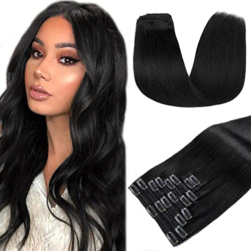 S-noilite 18 Inch Clip in Hair Extensions - 8PCS Double Weft Human Hair Extensions Jet Black (#1) for Women - Natural Remy Human Hair Clip on Extensions for Volume & Length - Perfect for Parties, Weddings & Daily Styling