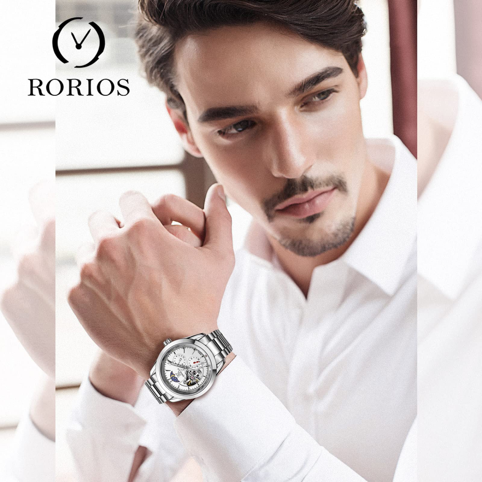 RORIOS Men's Automatic Mechanical Watch with Luminous Hands & Moon Phase - Stainless Steel Strap Dress Watch for Business, Formal Occasions & Everyday Wear