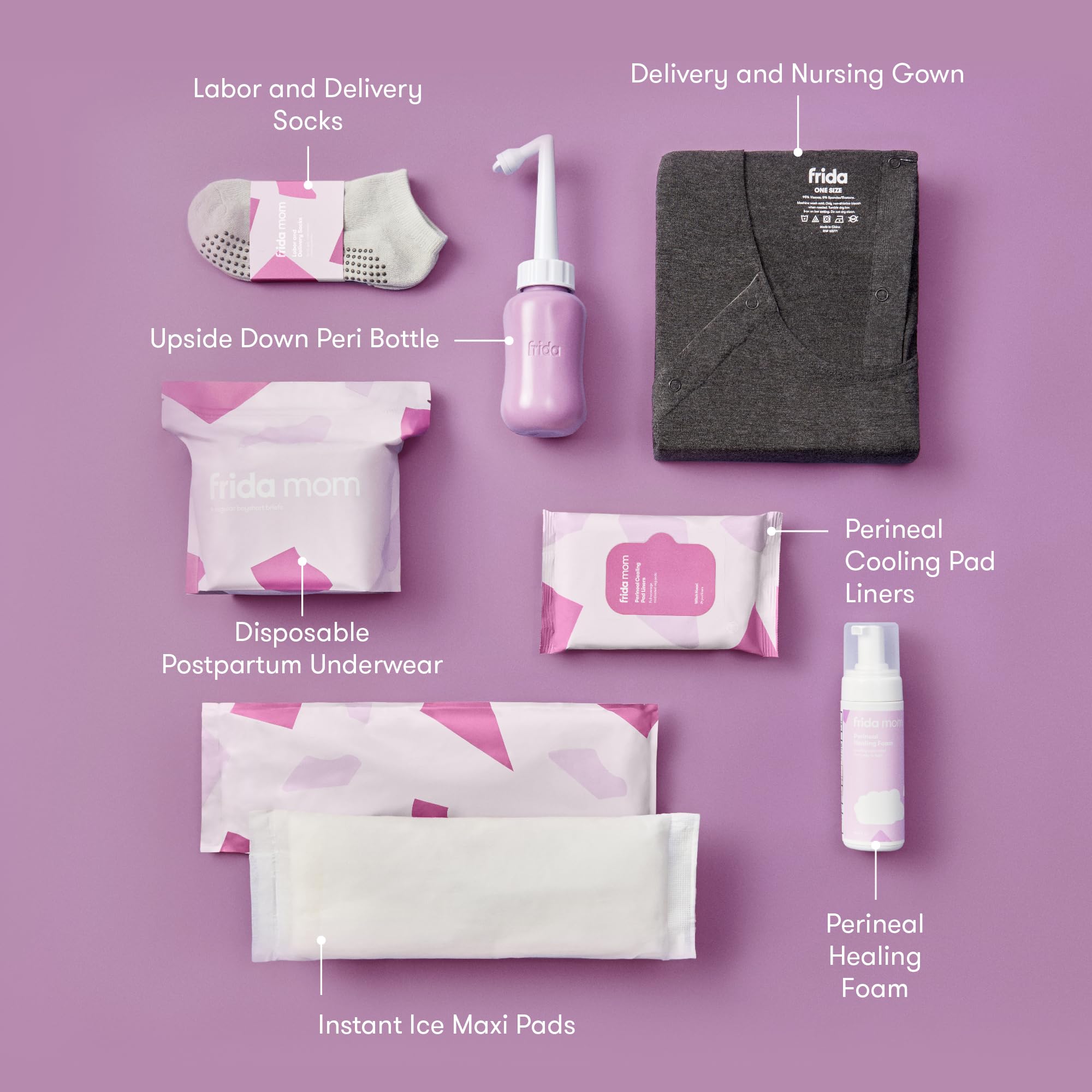 Frida Mom Hospital Packing Kit for Labor & Delivery - 15 Piece Postpartum Care Gift Set with Nursing Gown, Peri Bottle, Disposable Underwear, Ice Maxi Pads & More | Essential New Mom Recovery Supplies for Hospital Stay & Home Care