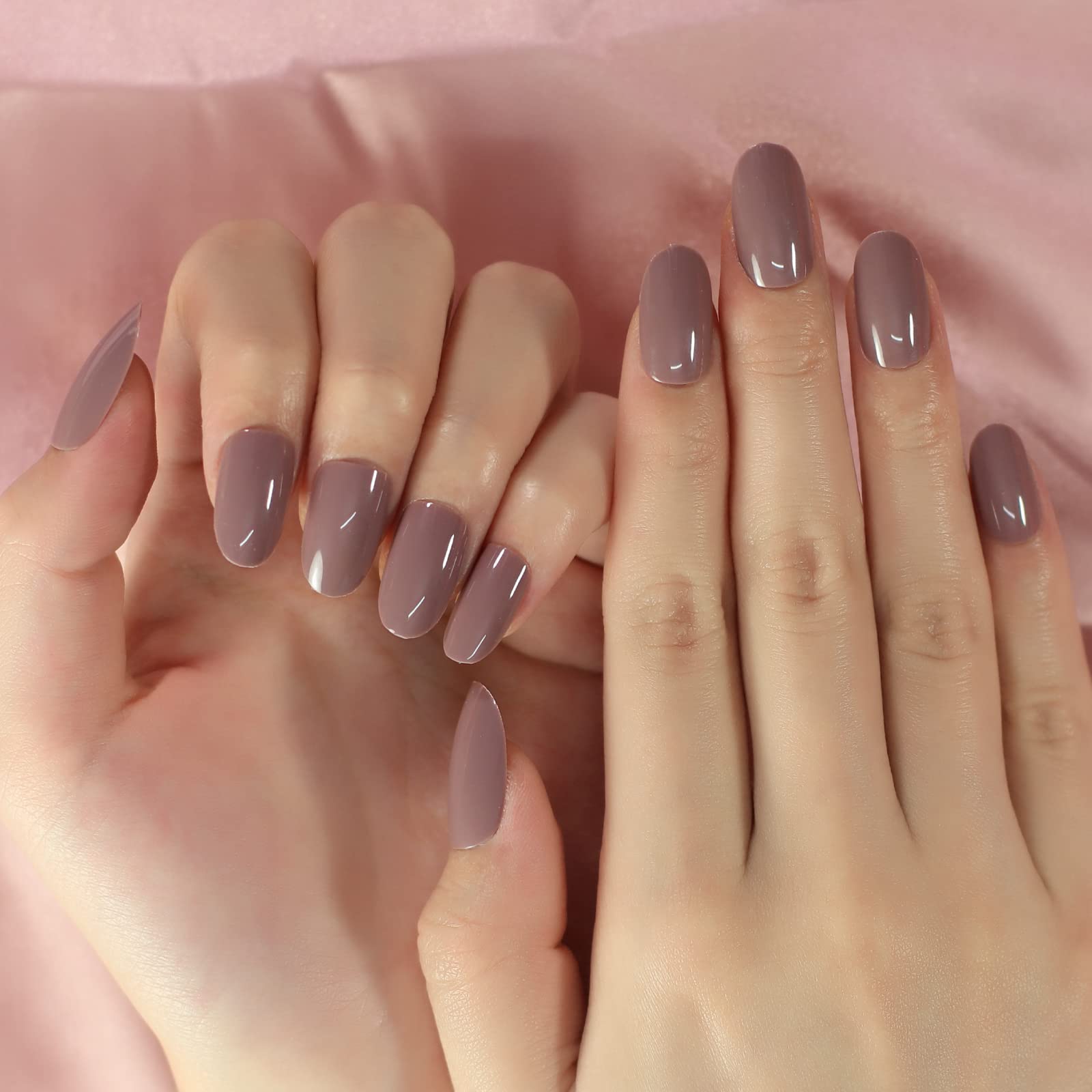 Glossy Light Purple Grey Press on False Nails - Medium Length Oval Fake Nails for Women | Perfect for Office Wear, Daily Use & Special Occasions