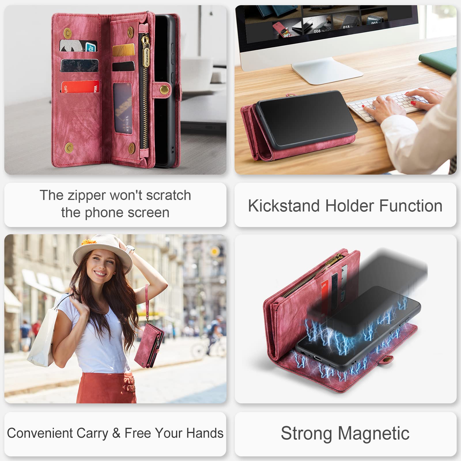 Genuine Leather Magnetic Wallet Case for Samsung Galaxy A52 4G/5G (2021) - Detachable Cover with RFID Blocking, Card Slots & Zipper Purse - Perfect for Business, Travel & Daily Protection (Red)
