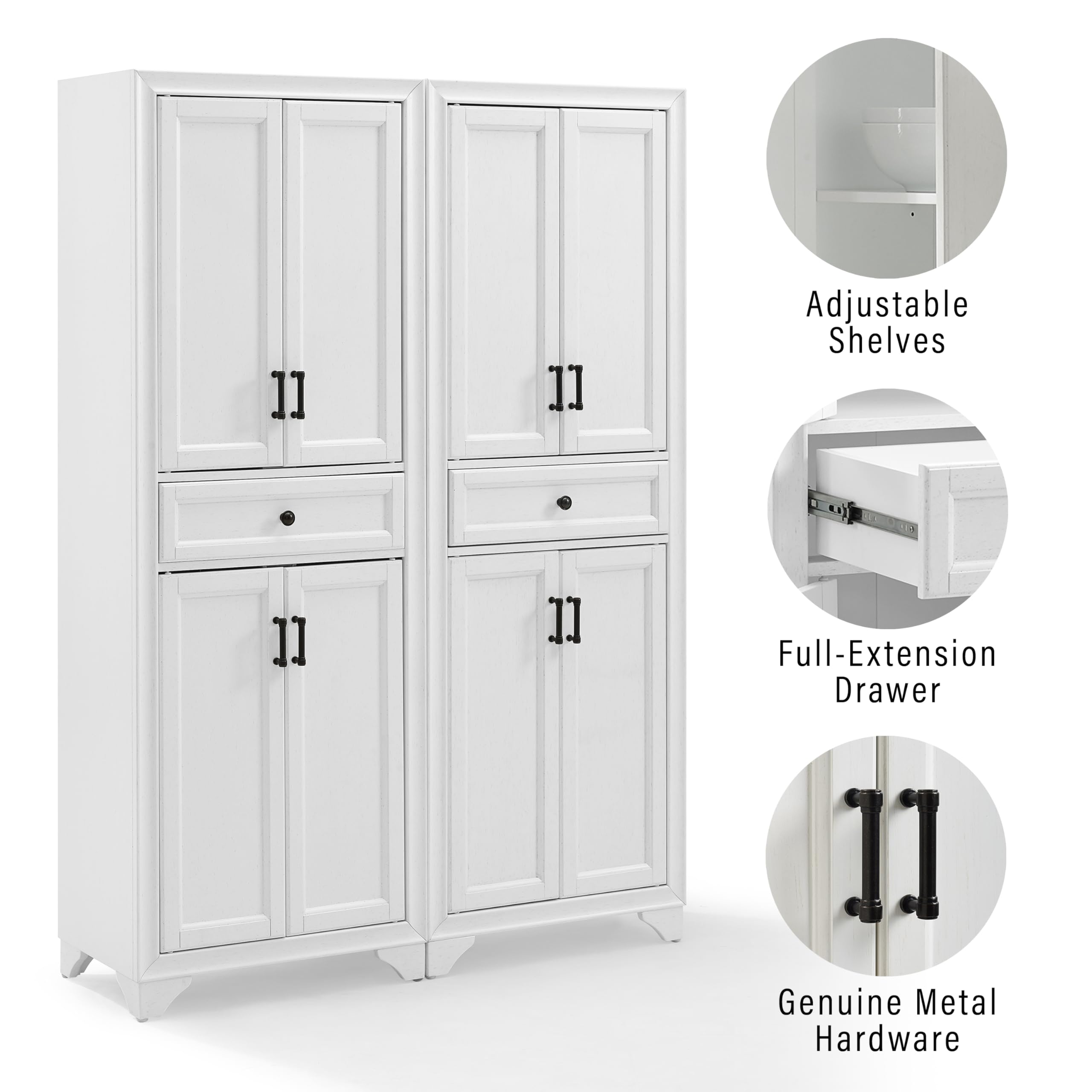 Crosley Furniture Tara 2-Piece Pantry Storage Cabinet Set with Adjustable Shelves - Distressed White Kitchen Organizer for Dining Room & Laundry Room Storage | Perfect for Small Spaces & Home Organization