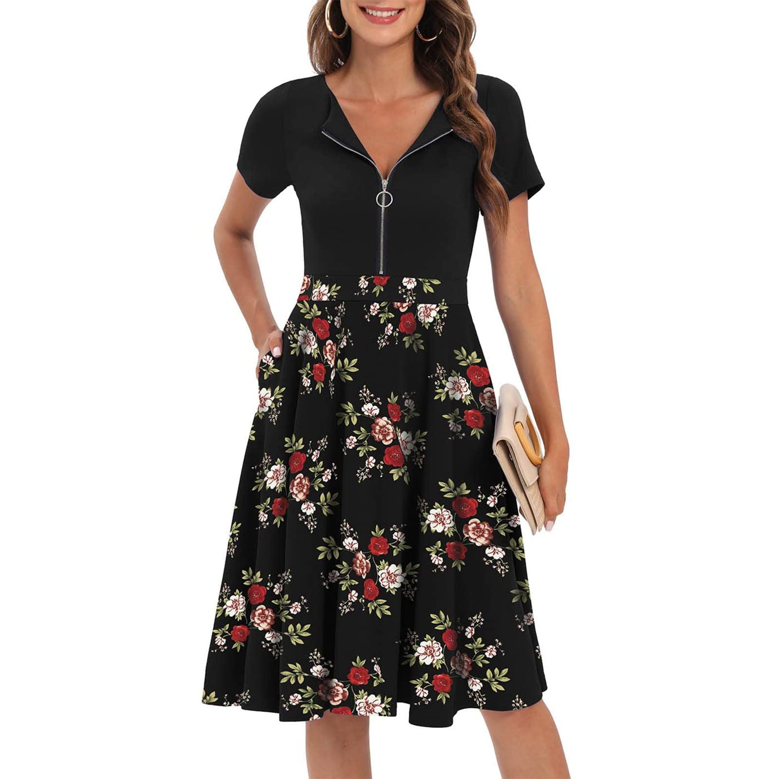 Women's Midi Summer Dresses - Fashion Crewneck Short Sleeve Zipper Swing Party Dress - Elegant & Classy for Beach, Wedding & Cocktail Events