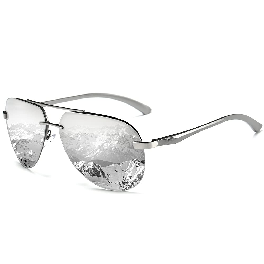 Polarized Aviator Sunglasses for Men - UV 400 Protection, Rimless Mirrored Lenses, Large Frame - Perfect for Driving, Outdoor Activities & Fashion Accessories
