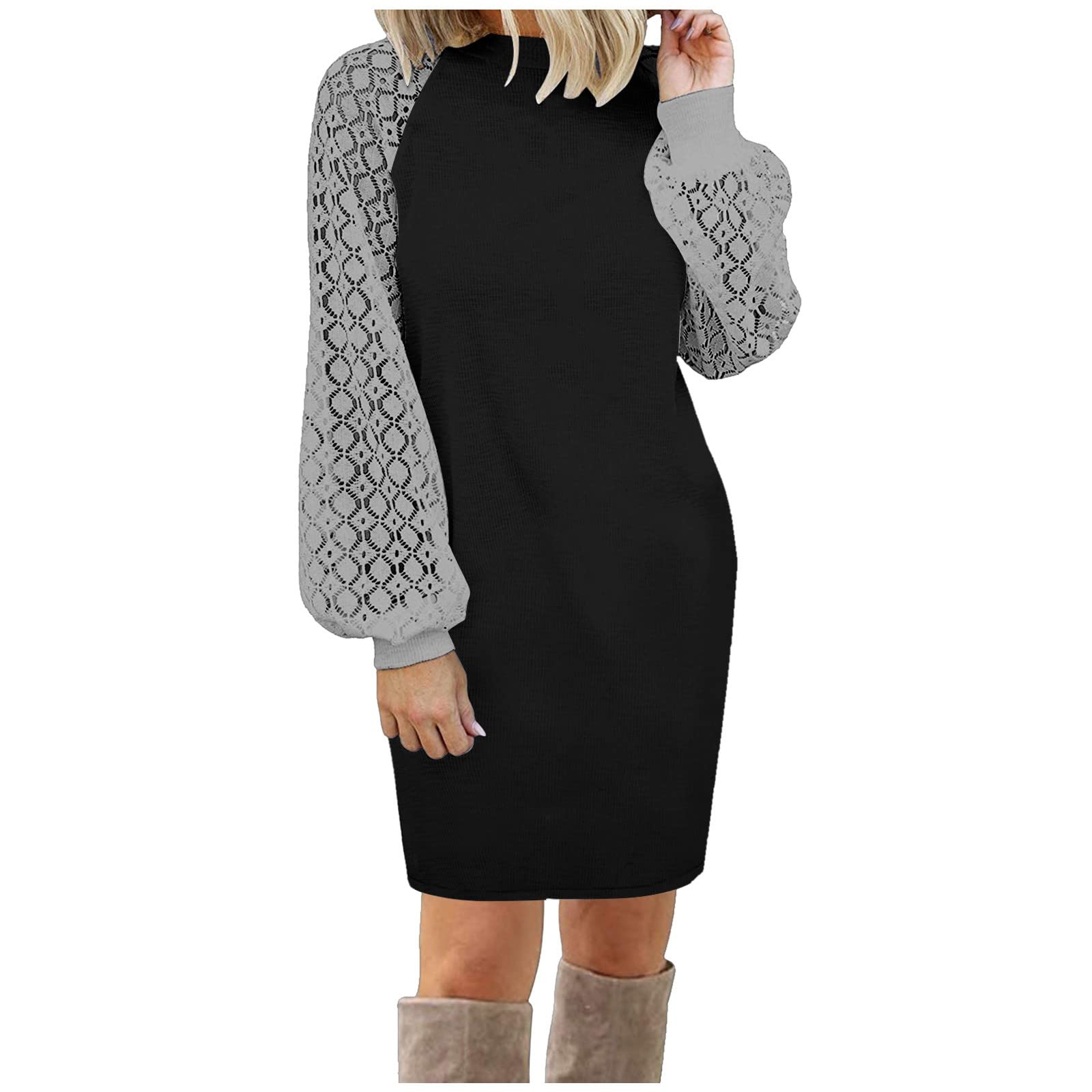 Elegant Long Flowy Dresses for Women - Lace Stitched Long Sleeve Casual Knit Maxi Dress | Perfect for Beach Vacations, Date Nights & Summer Outings