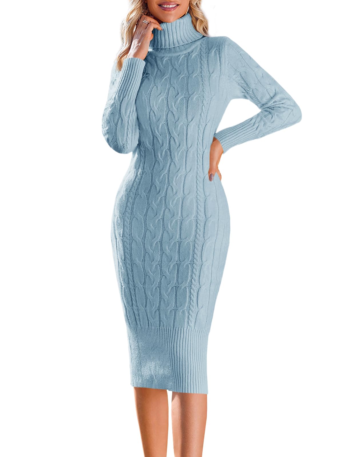 Fangetey Women's Long Sleeve Turtleneck Sweater Dress - Knitted Bodycon Midi Sheath Jumper Dress for Fall & Winter - Perfect for Office, Date Night and Casual Outfits