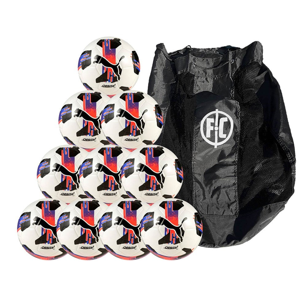 Puma Orbita 6 MS Football (White/Glowing Red/Black) - 10 Balls & Carry Bag Bundle - Perfect for Team Training, Soccer Practice & Match Play