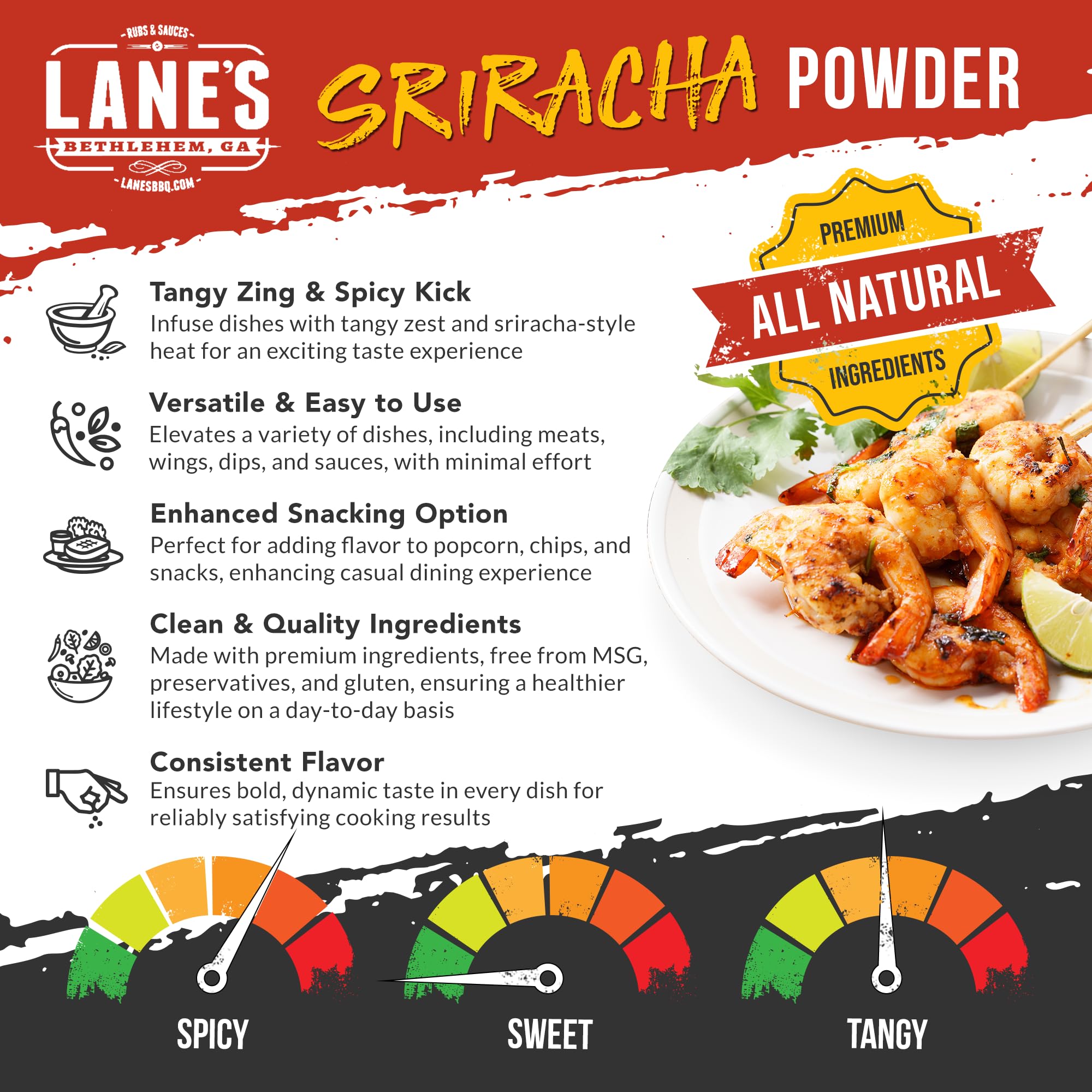 **Lane's Sriracha Seasoning Powder - All-Natural Spice Blend for Cooking, Grilling & Seasoning | Perfect for Meat, Vegetables & Snacks | Made in USA | 7.7 Oz | Great for BBQ, Popcorn & Meal Prep**