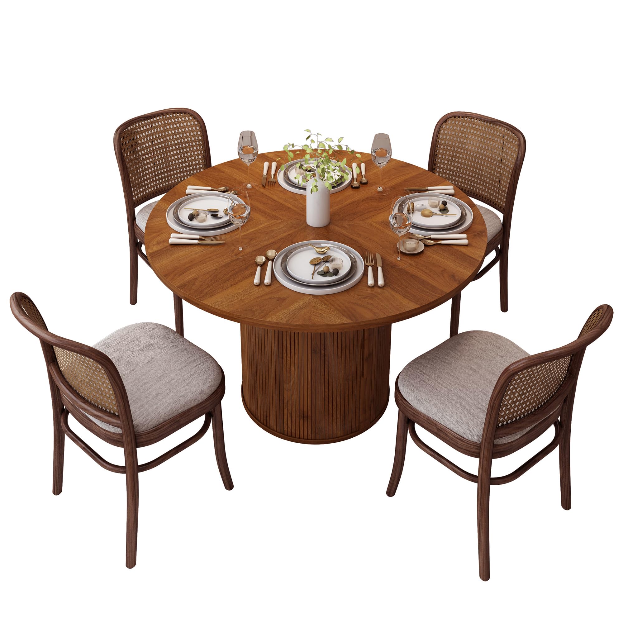 47 Inch Round Dining Table for 4 - Solid Wood Kitchen Table with 2-Tier Storage Shelf & Sliding Door - Perfect for Dining Room, Living Room, and Small Space (Walnut Finish) | Ideal for Family Meals, Dinner Parties, and Home Decor