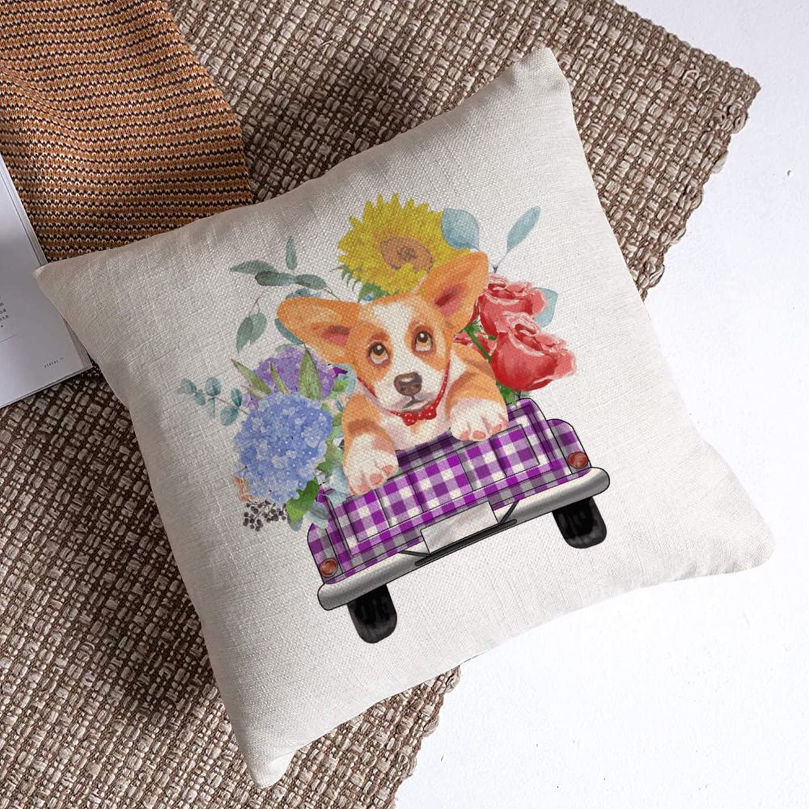 Floral Truck and Dog Square Cotton Linen Cushion Covers - Durable Zippered Throw Pillowcases for Sofa, Bedroom, Living Room & Car - Home Decor & Cozy Indoor Comfort