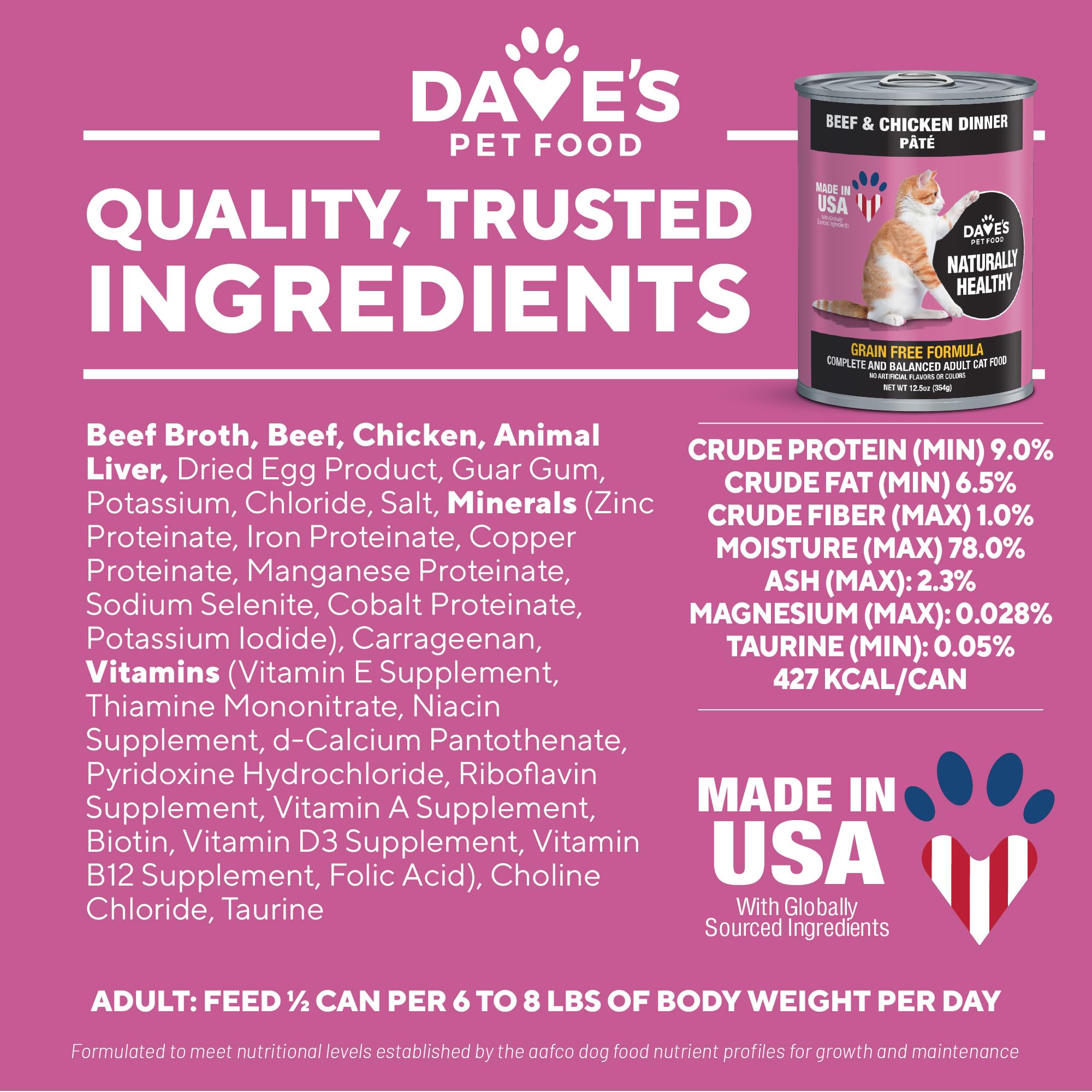 Dave's Pet Food Grain Free Wet Cat Food Pate - Beef & Chicken Recipe - Made in USA - Natural & Healthy Canned Cat Food - 12.5 oz Cans (12 Pack) - Perfect for Adult Cats & Kittens with Sensitive Stomachs