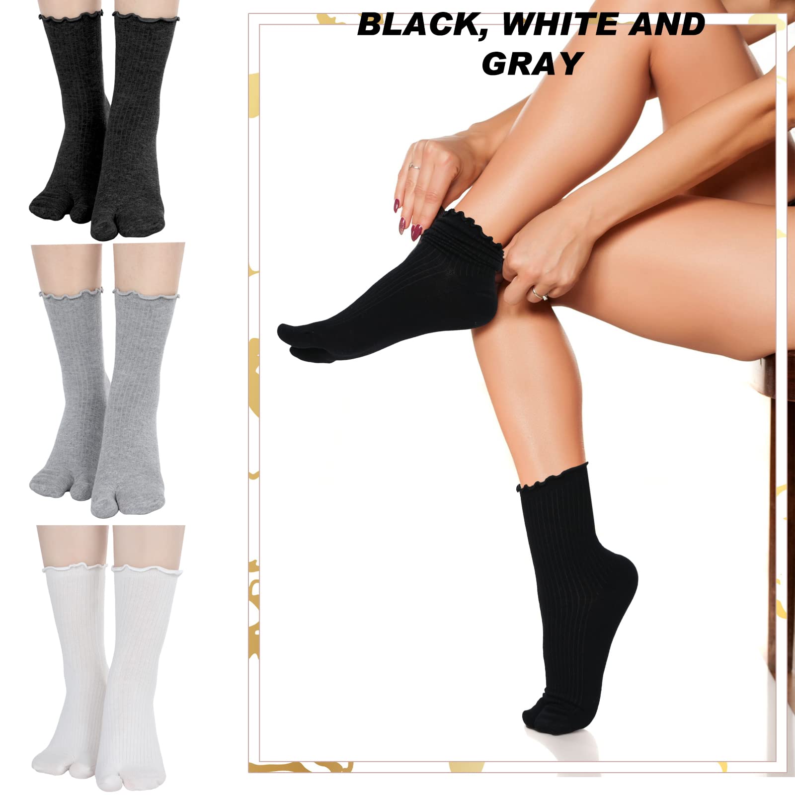 Bencailor 6 Pairs Tabi Split Toe Socks - Breathable Cotton Frilly Sandal Socks for Men & Women - Perfect for Yoga, Japanese Shoes, and Home Relaxation