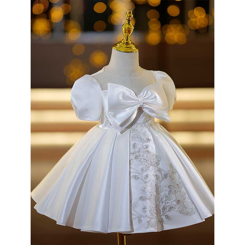 Elegant Satin A-Line Flower Girl Dress with Lace & Sequin Puff Sleeves - Perfect for Weddings, Birthday Parties & Special Occasions