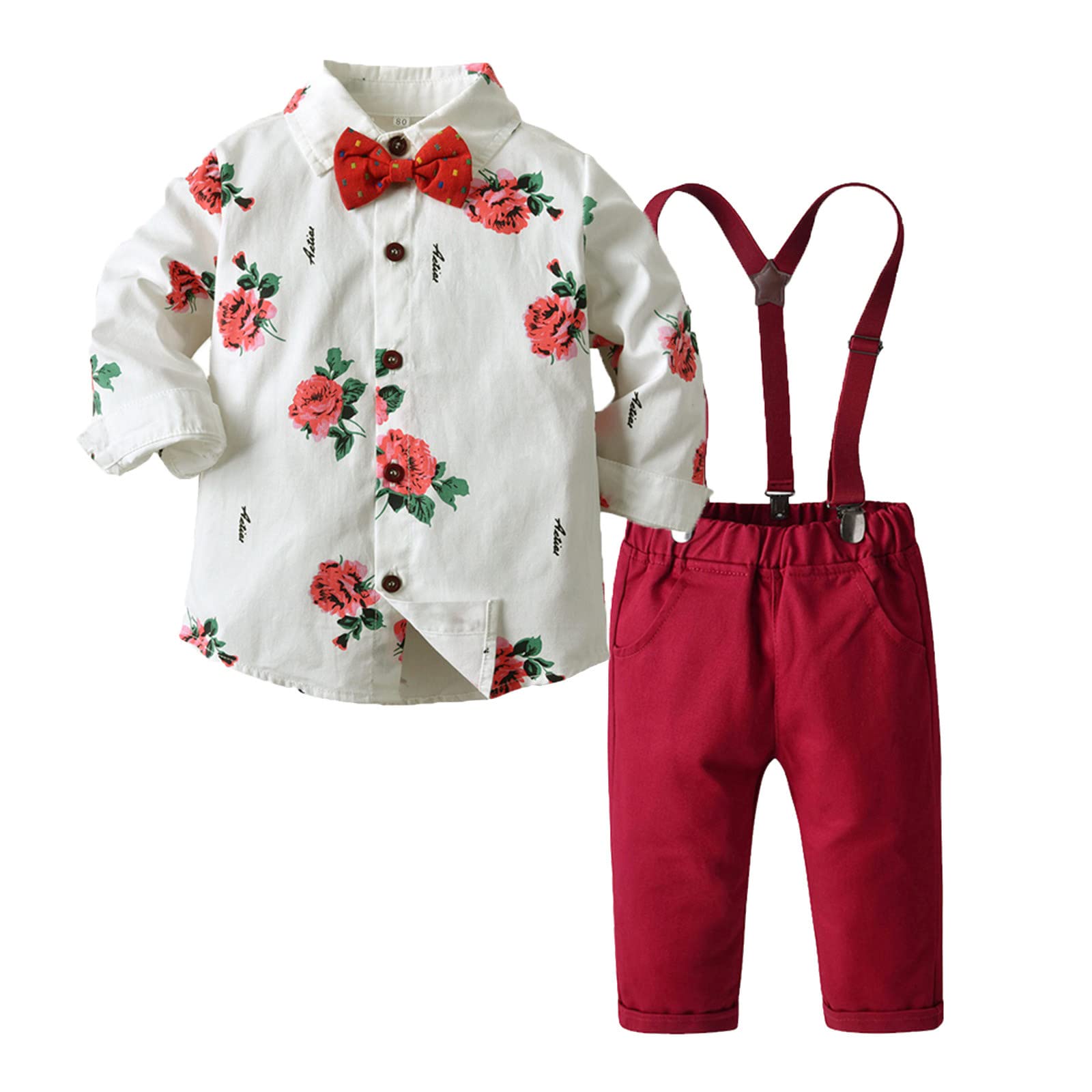 AKGUKRSEH Baby Boy Floral Shirt & Suspenders Set (3-4 Years) - Perfect for Toddler Outfits & Special Occasions