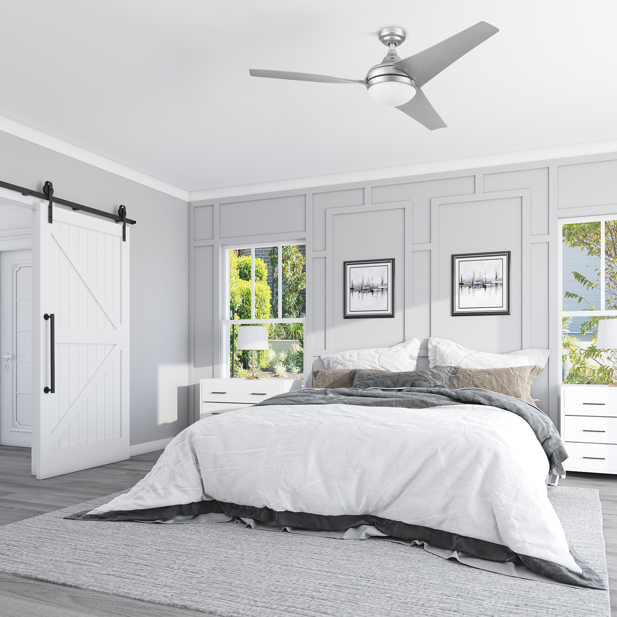 52 Inch Maxon Silver Ceiling Fan with Remote Control - Modern Cooling for Living Room, Bedroom & Office