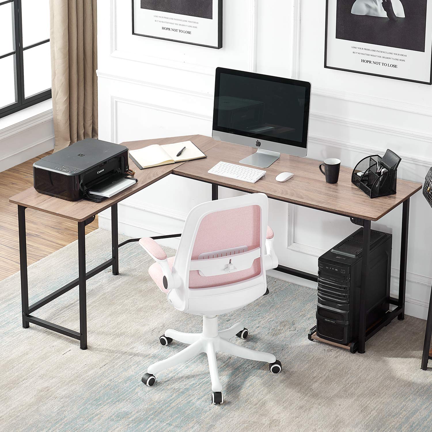 VECELO Modern L-Shaped Corner Computer Desk with CPU Stand - Home Office Workstation for PC & Laptop, Study Writing Table - Metal Frame with Rubber Wood Top & Black Legs - Perfect for Small Spaces & Gaming Setups