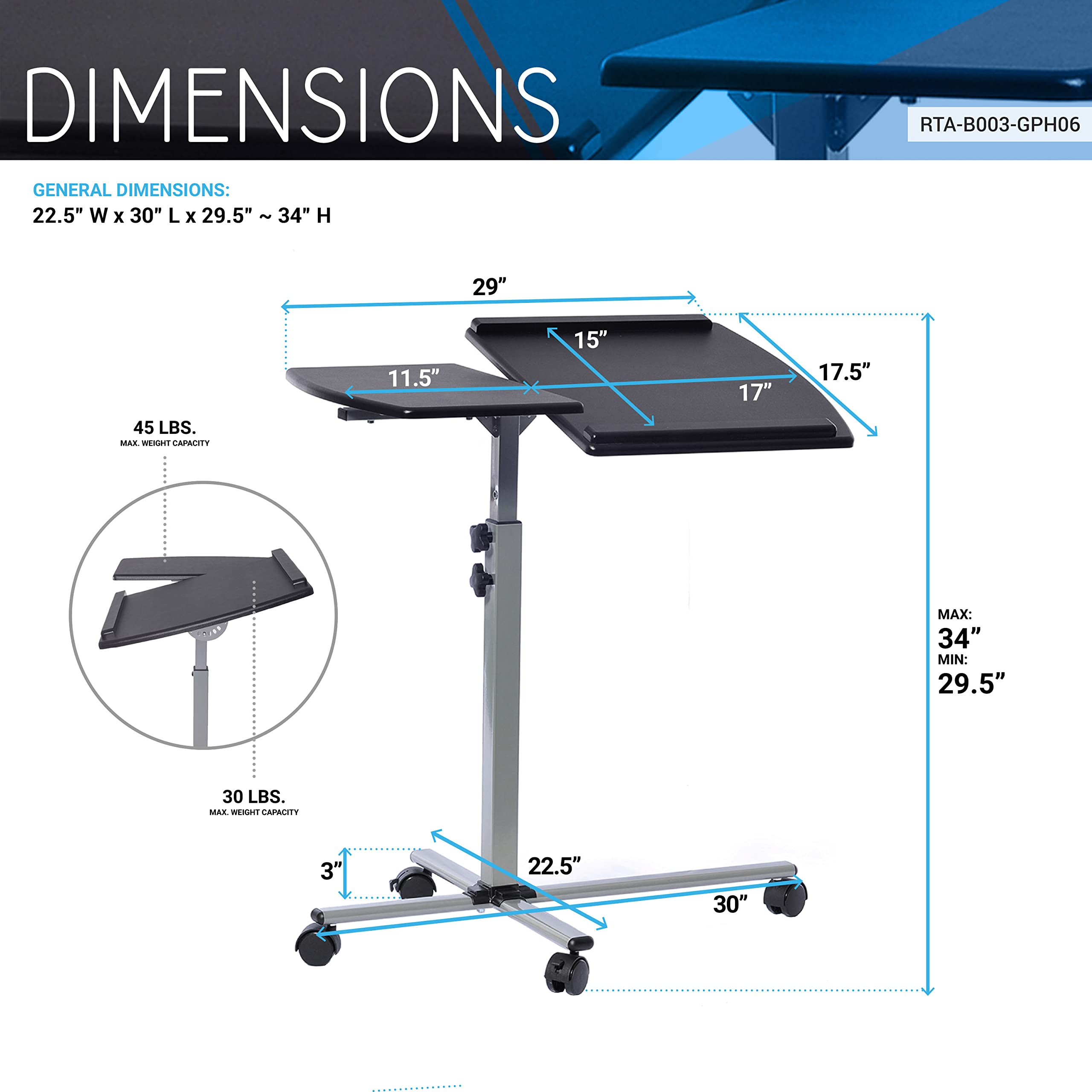 Techni Mobili Adjustable Rolling Laptop Cart with Locking Wheels - Mobile Workstation for Office, Home, or Classroom - Graphite Finish