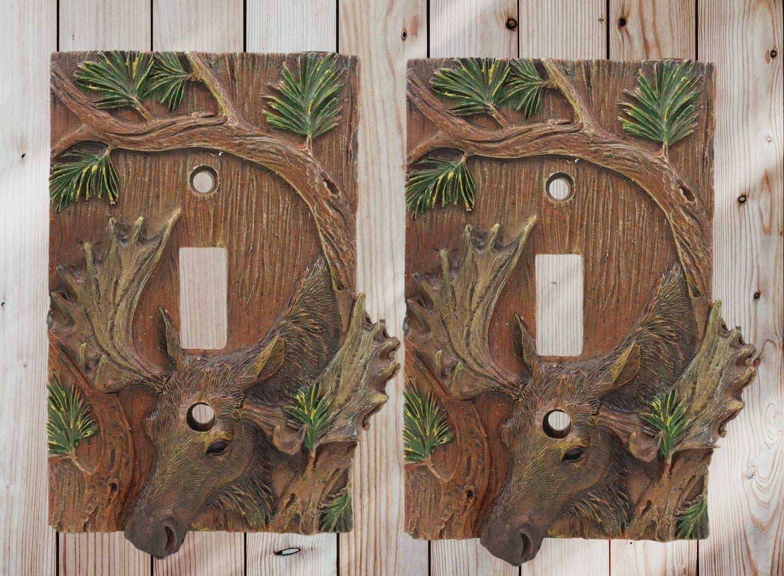 Rustic Western Stag Elk Moose Pine Single Toggle Switch Plate Cover Set of 2 - Western Cabin Decor for Bedroom, Living Room, Lodge & Ranch Style Homes