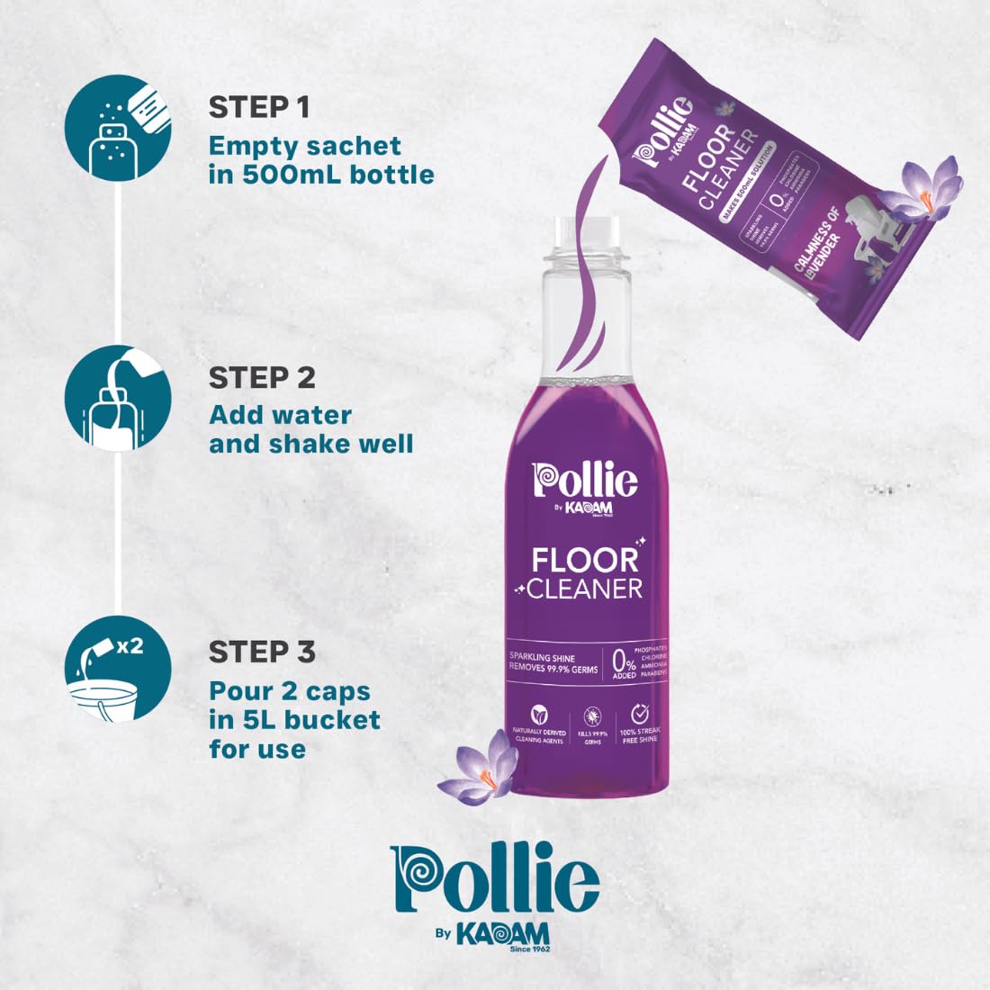KADAM Pollie Multi-Surface & Floor Cleaner Refill Pack of 3 | Kills 99.9% Germs & Bacteria | 1 Sachet Makes 500ml Cleaning Solution | Ideal for Kitchen, Bathroom, Tile & Hardwood Floors