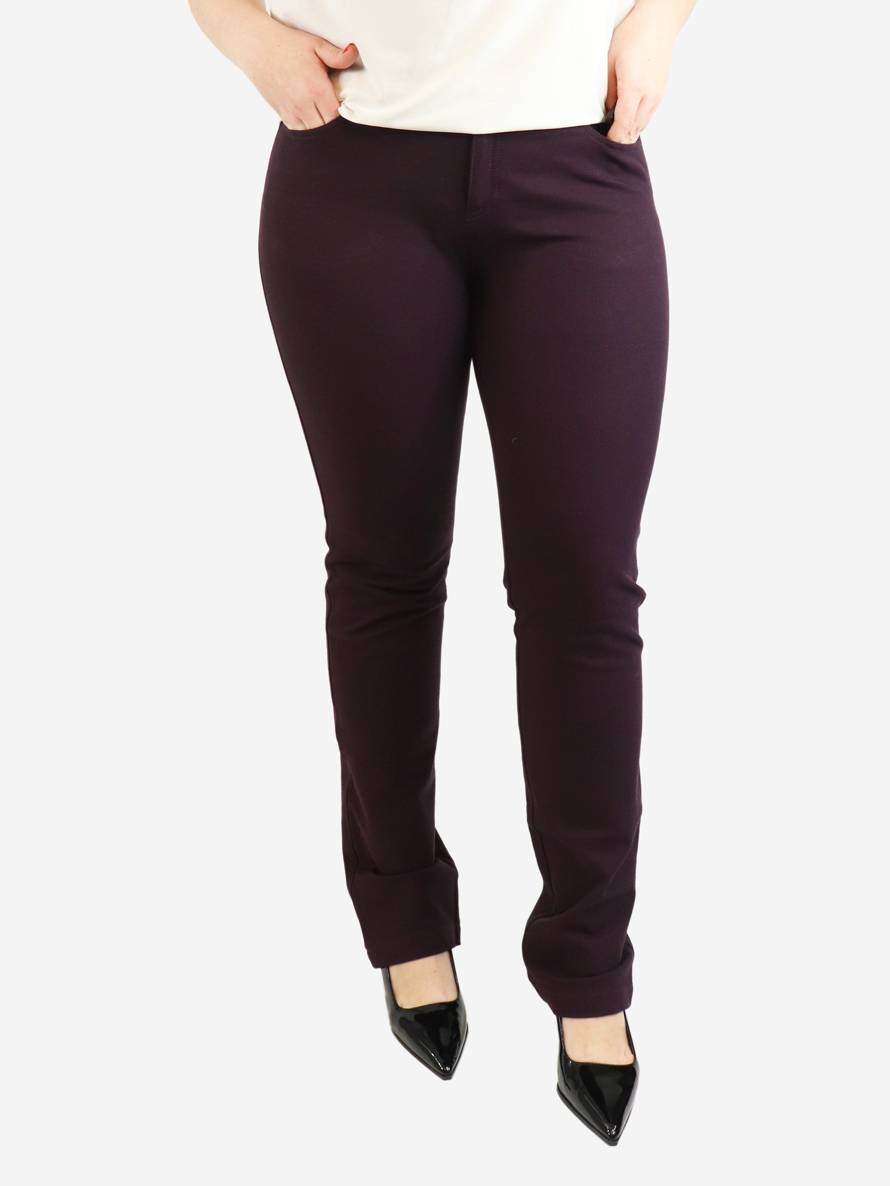 Stretchy Slim Leg Trousers in Aubergine Jersey Fabric - UK Size 16 | Comfortable Women's Pants for Work, Casual Wear & Travel