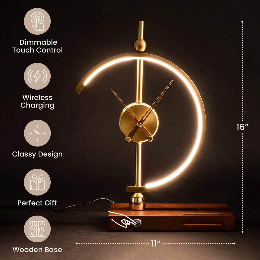 Modern Nogy Desk Lamp with Wireless Charger & Built-in Clock - Dimmable LED Office Desk Light, Art Deco Style for Home & Workspace - Perfect for Reading, Working, and Nightstand Use