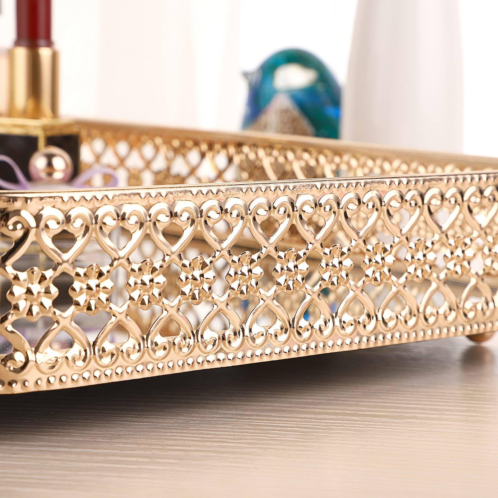 ELLDOO Gold Vanity Tray for Jewelry & Makeup - Hollow-Carved Glass & Metal Organizer with Mirror, Dresser & Bathroom Countertop Storage (Medium Size) - Perfect for Displaying Perfume Bottles, Rings & Cosmetics