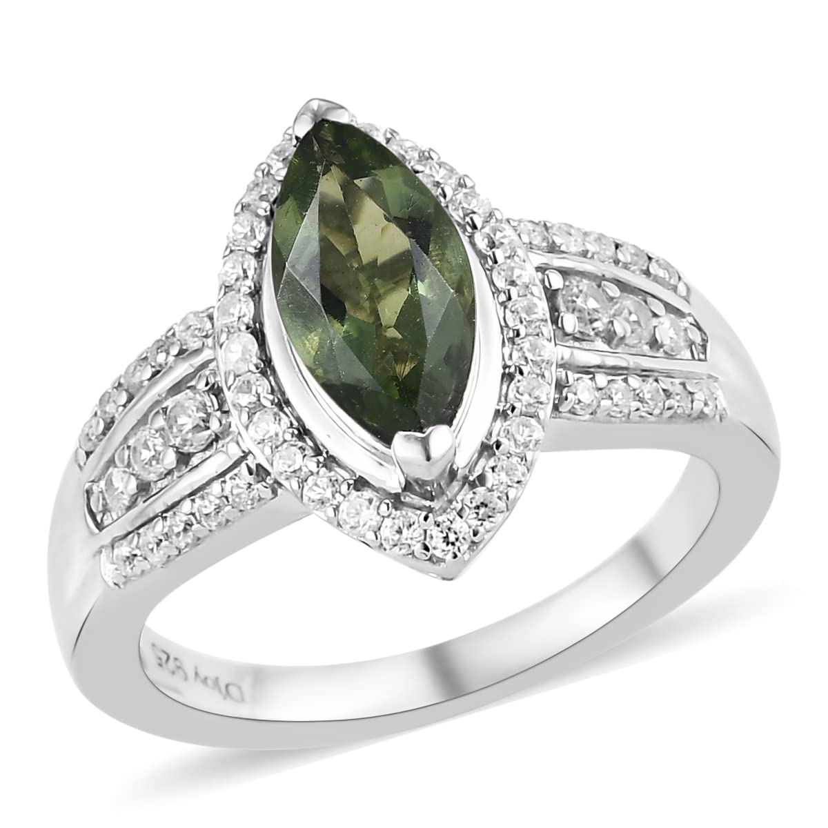1.1 Ct 925 Sterling Silver Platinum Plated Moldavite & White Zircon Cluster Ring for Women - Size 5 - Perfect for Engagement, Anniversary, Wedding, Promise & Graduation Gifts - Elegant Jewelry for Special Occasions