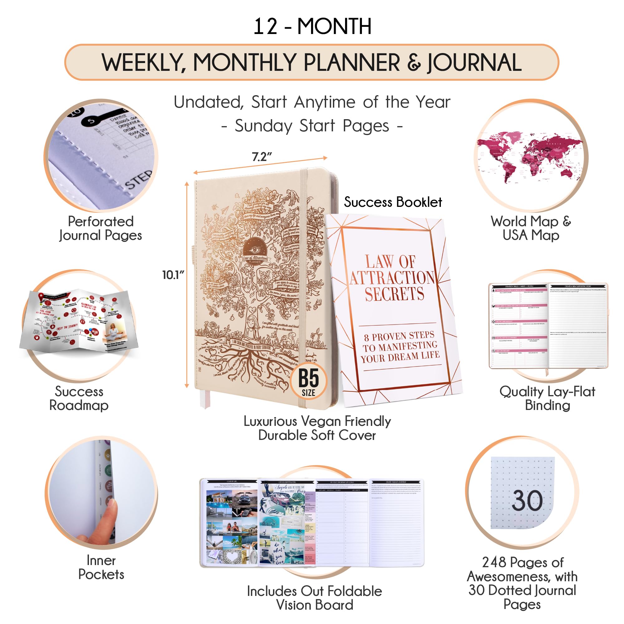 2025 Law of Attraction Planner - Undated Hourly, Weekly & Monthly Productivity Planner for Goal Setting | 12-Month Life & Gratitude Journal with Foldable Vision Board, Gift Box & Stickers - Perfect for Manifestation, Self-Improvement & Daily Organization