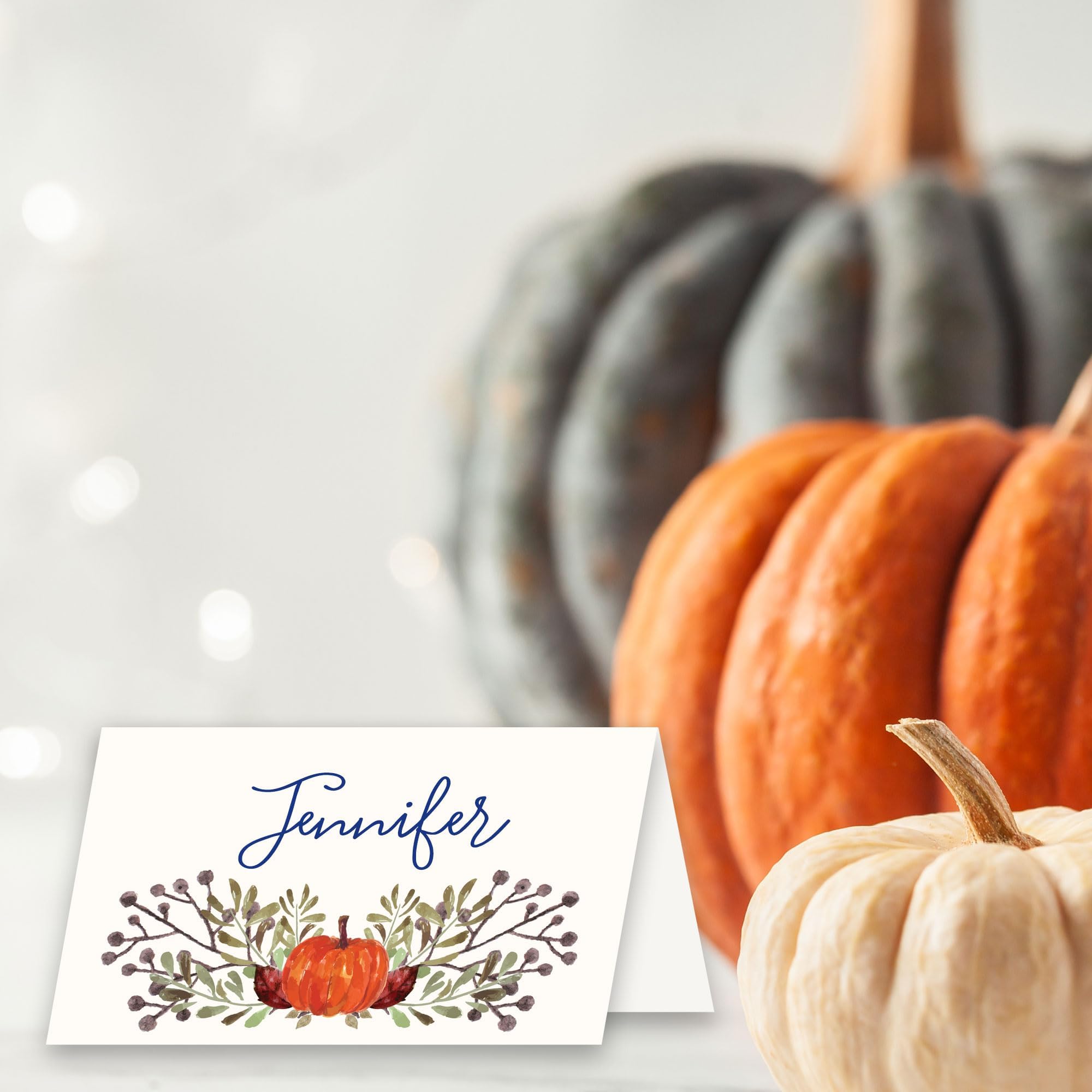 Premium Thanksgiving Table Place Cards with Pumpkin & Fall Leaves Design - 50 Pack Tent Style Name Cards for Holiday Dinner Settings - Handcrafted in USA | Perfect for Autumn Gatherings, Family Feasts & Thanksgiving Decor